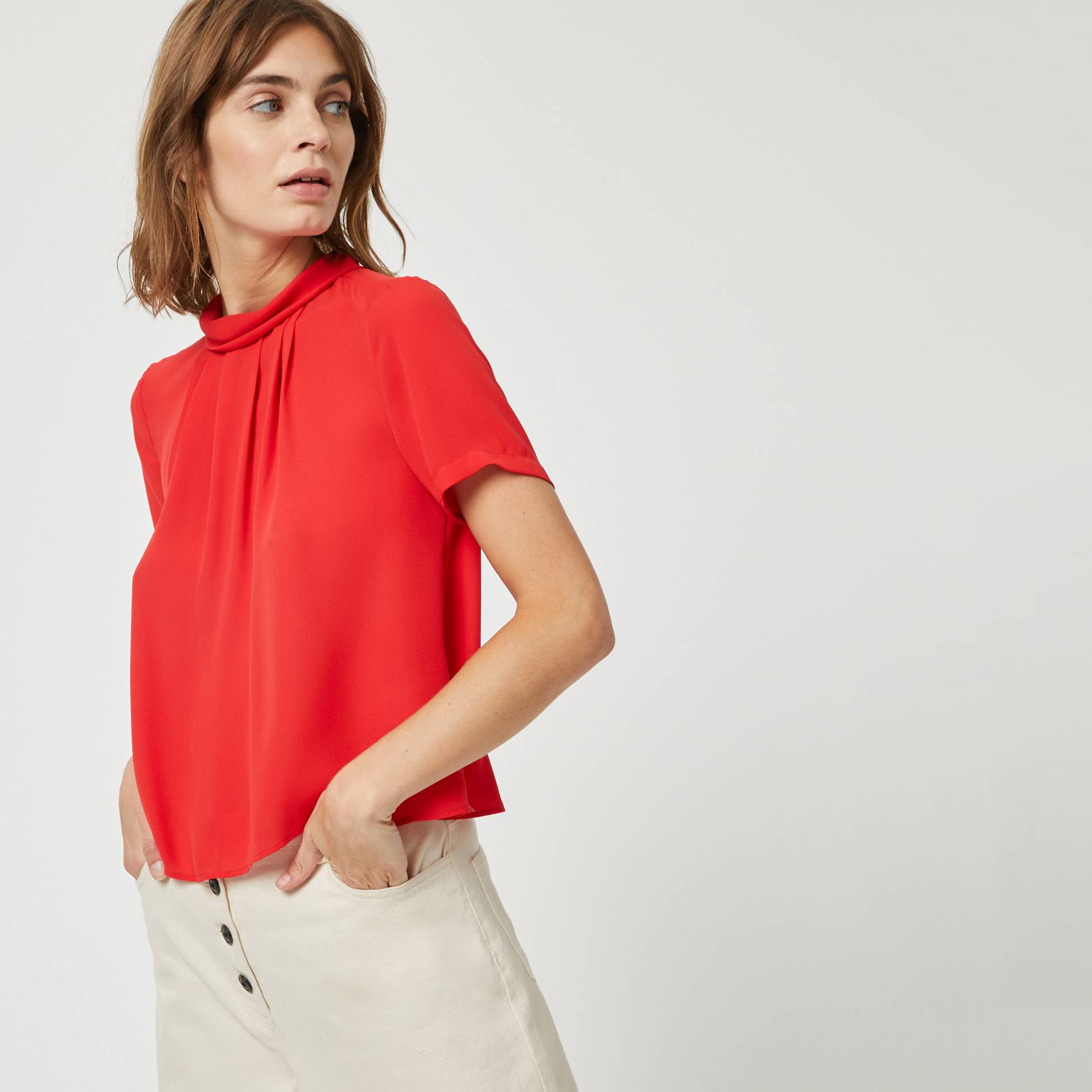 Blouse manches courtes avec lavalliere dos, Rouge, large image number 0.0