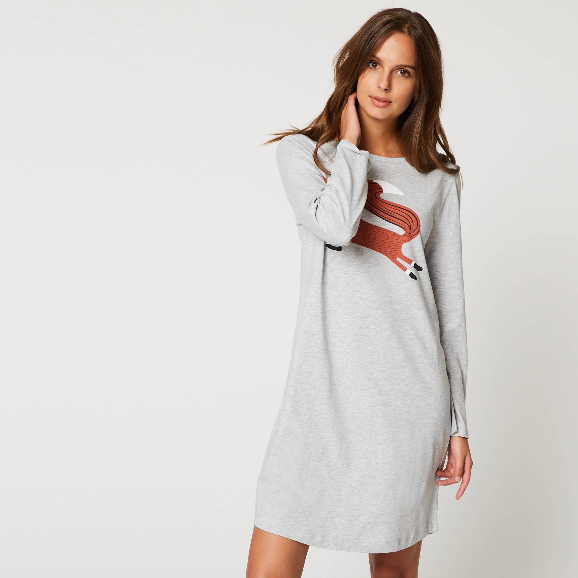 Chemise de nuit manches longues imprime animal en coton BIO, Gris moyen, large image number 0