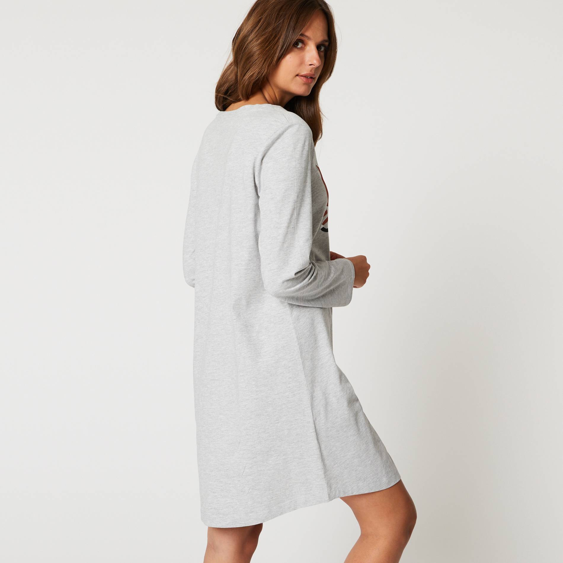 Chemise de nuit manches longues imprime animal en coton BIO, Gris moyen, large image number 1.0
