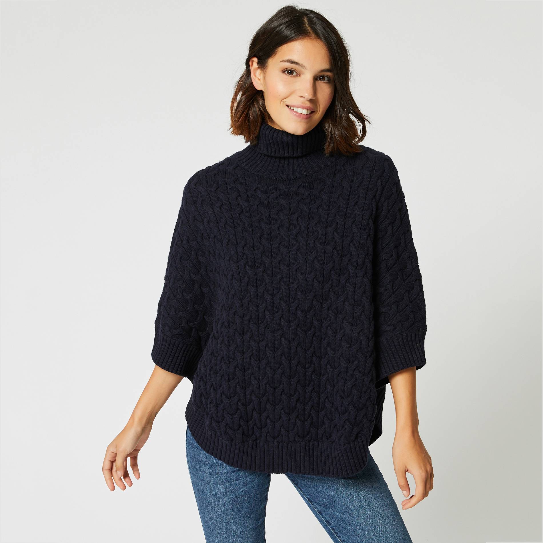 Poncho tricot torsade, Bleu marine, large image number 0