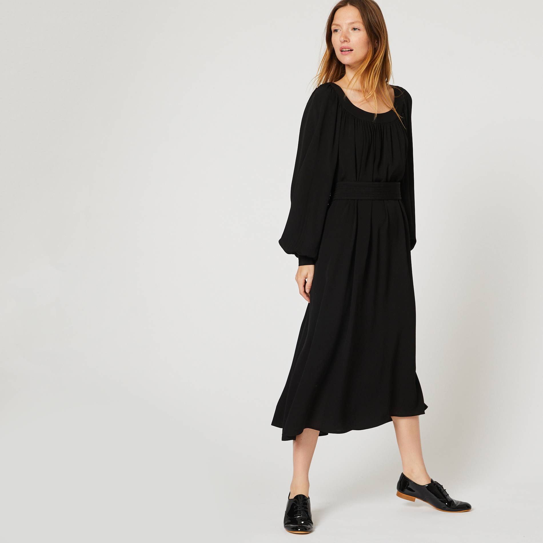 Robe longue col danseuse et ceinture, Noir, large image number 0