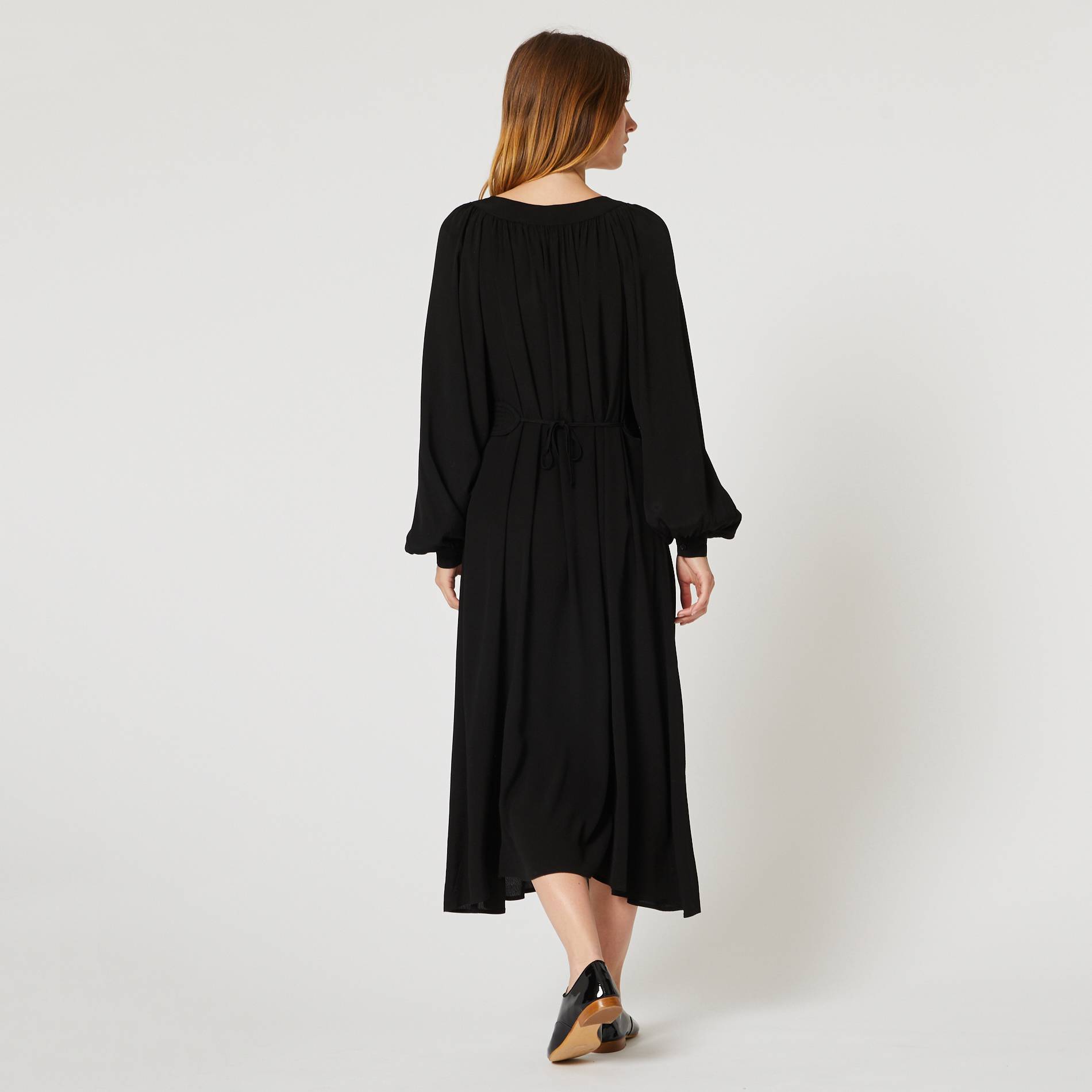 Robe longue col danseuse et ceinture, Noir, large image number 1.0