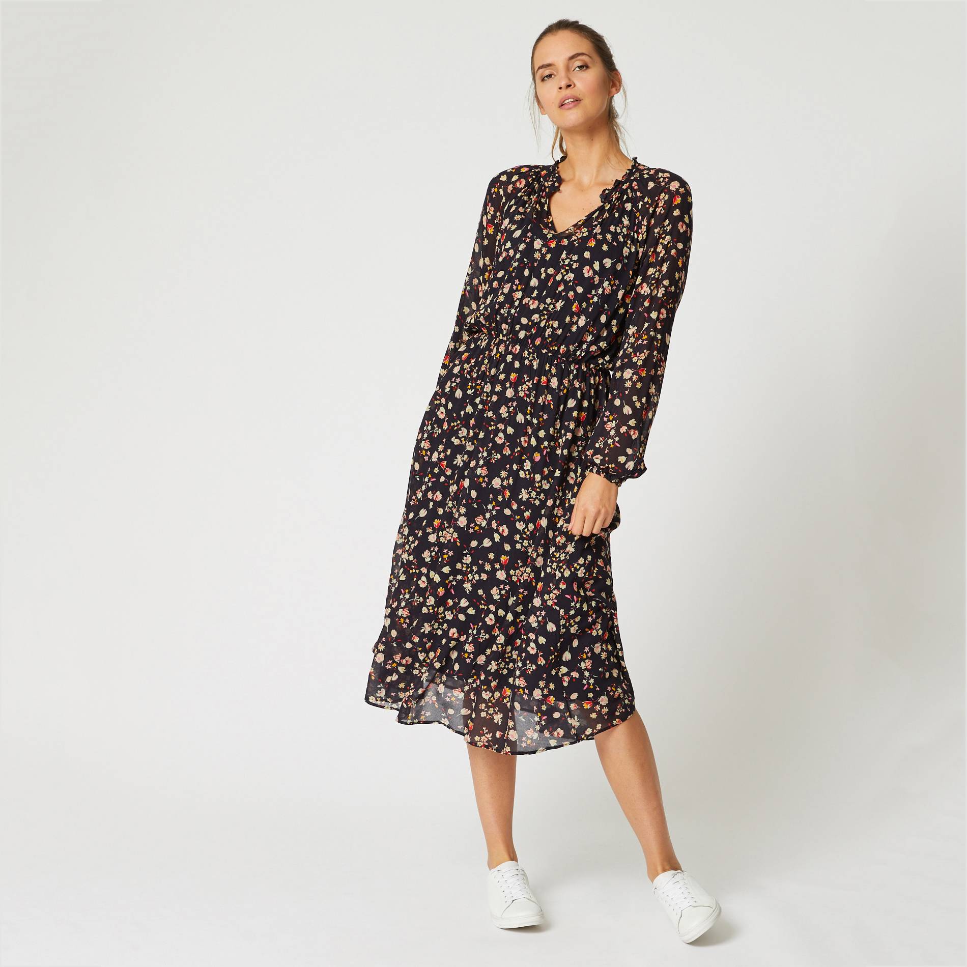Robe longue fluide imprime floral, Bleu marine, large image number 0.0