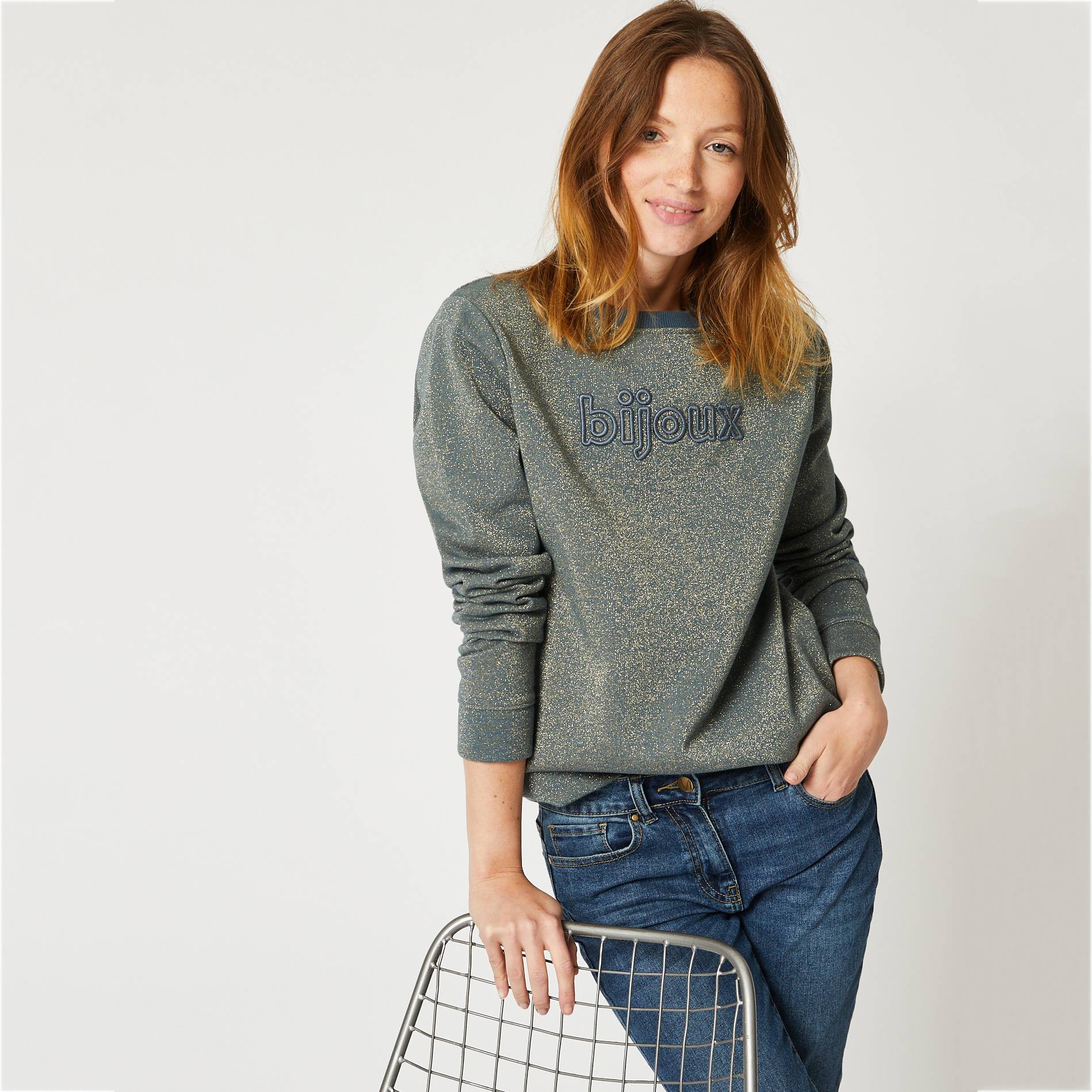 Sweat effet brillant a message, Bleu canard, large image number 0