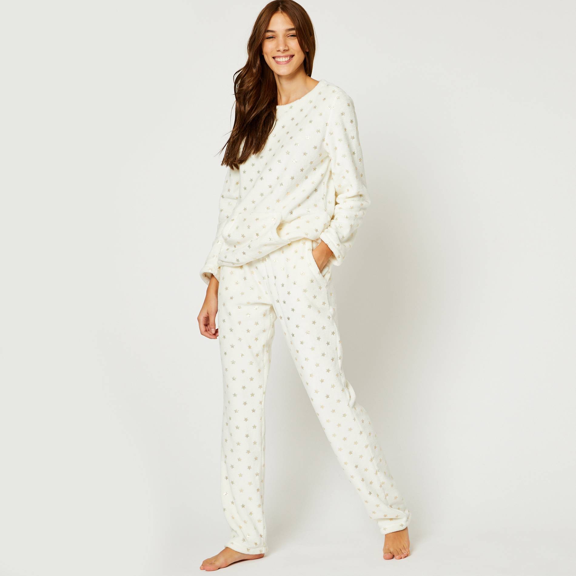 Pantalon doudou imprime etoiles, Ecru, large image number 0