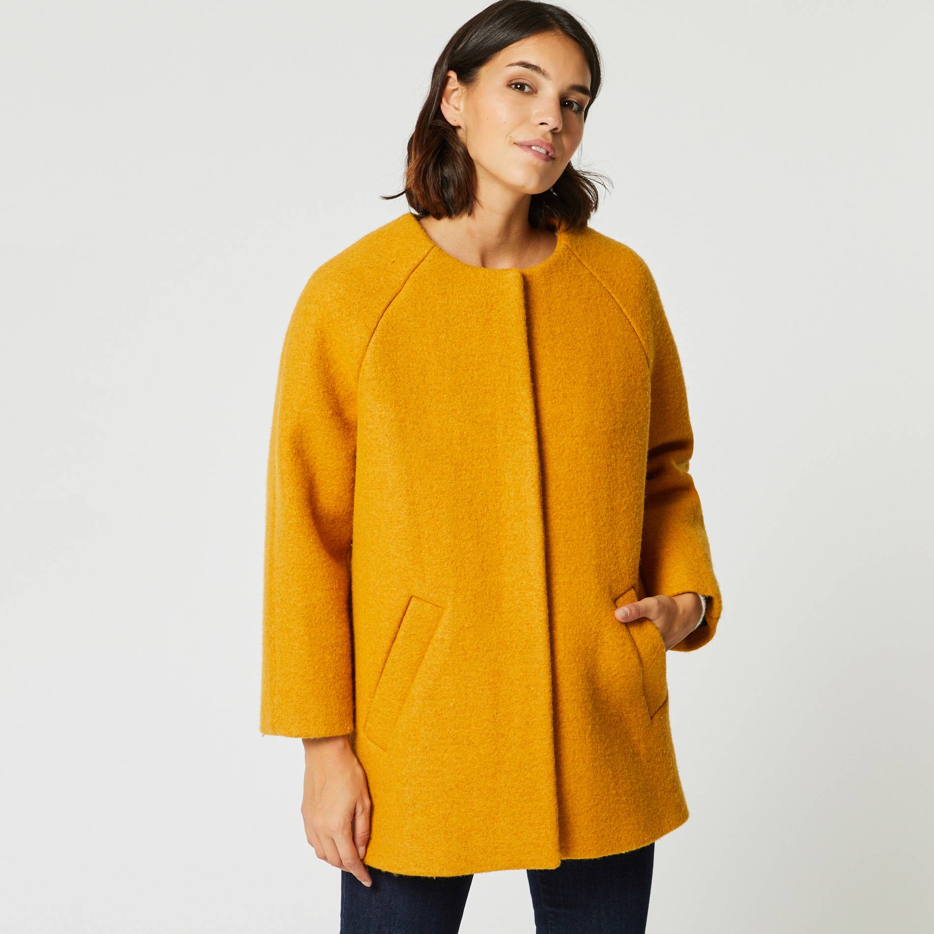Manteau lainage col rond, Safran, large image number 0