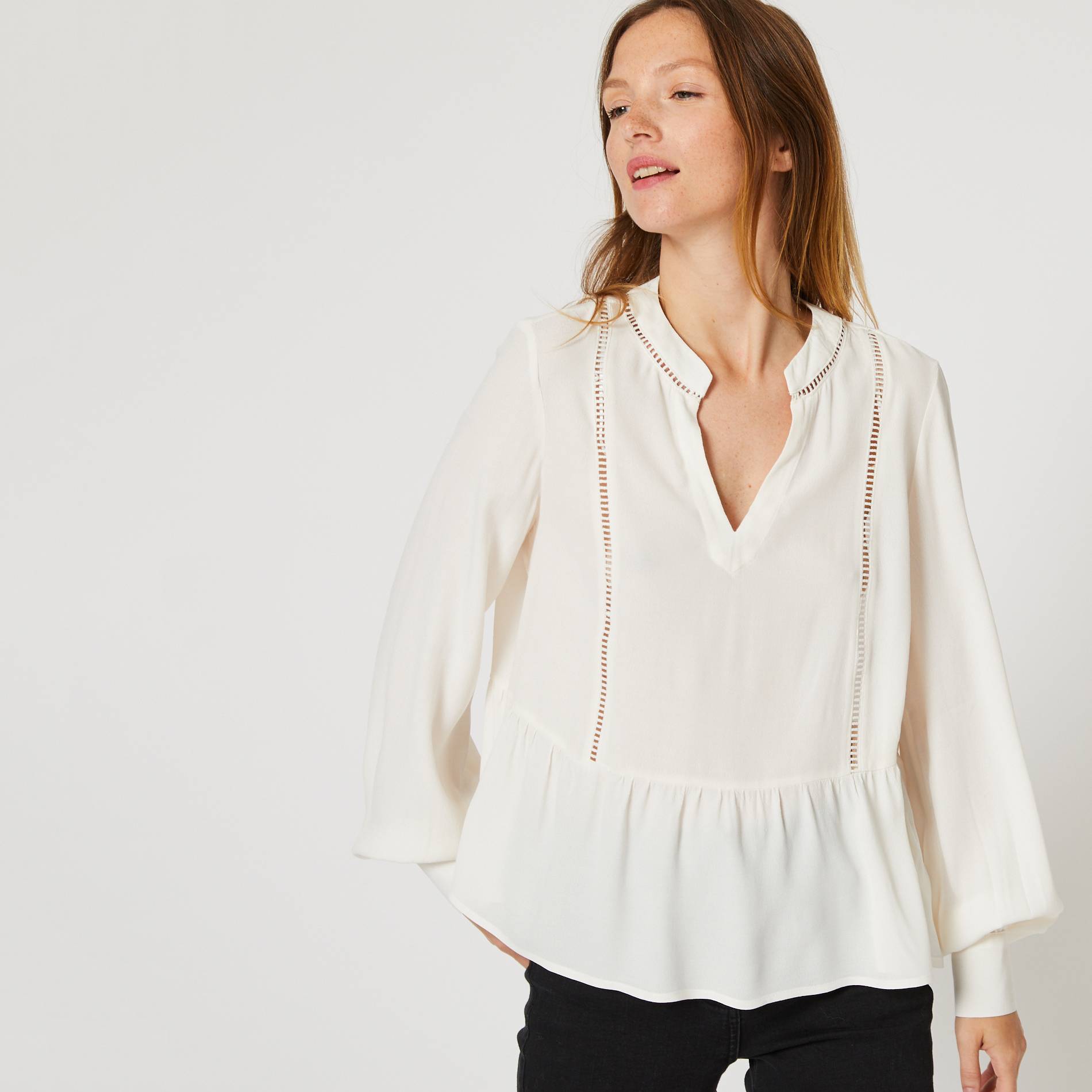 Blouse col V manches longues et jour-echelle, Ecru, large image number 0
