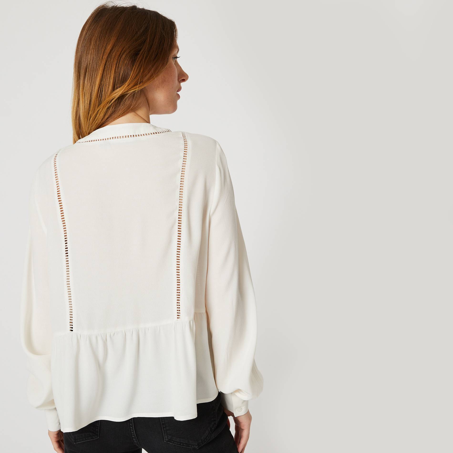 Blouse col V manches longues et jour-echelle, Ecru, large image number 1.0