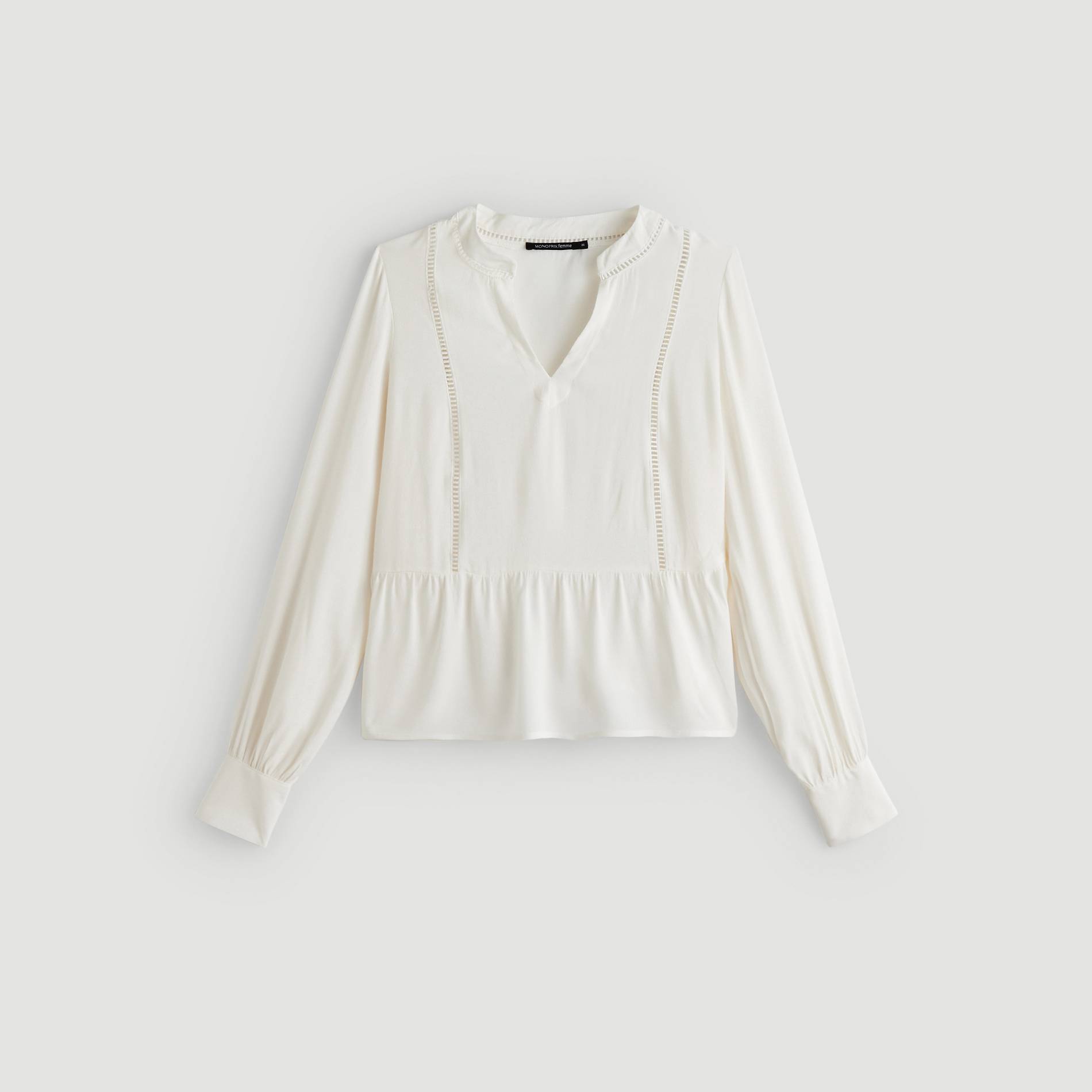 Blouse col V manches longues et jour-echelle, Ecru, large image number 2