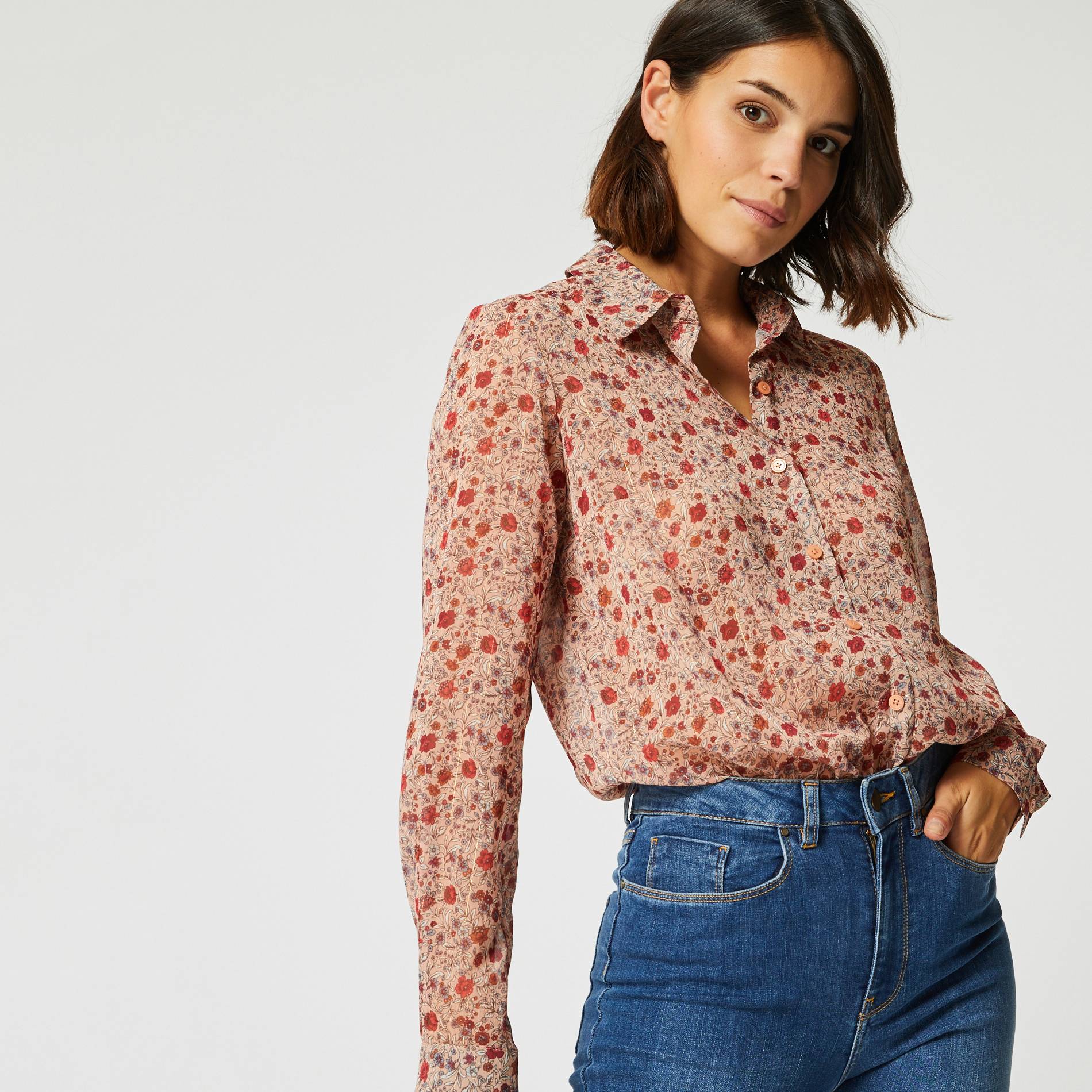 Chemise manches longues imprimee fleurs, Bois de rose, large image number 0.0