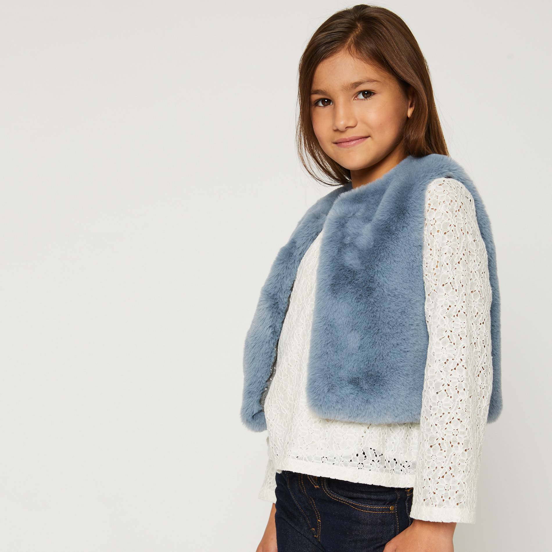 Gilet sans manches en fausse fourrure, Bleu gris, large image number 0