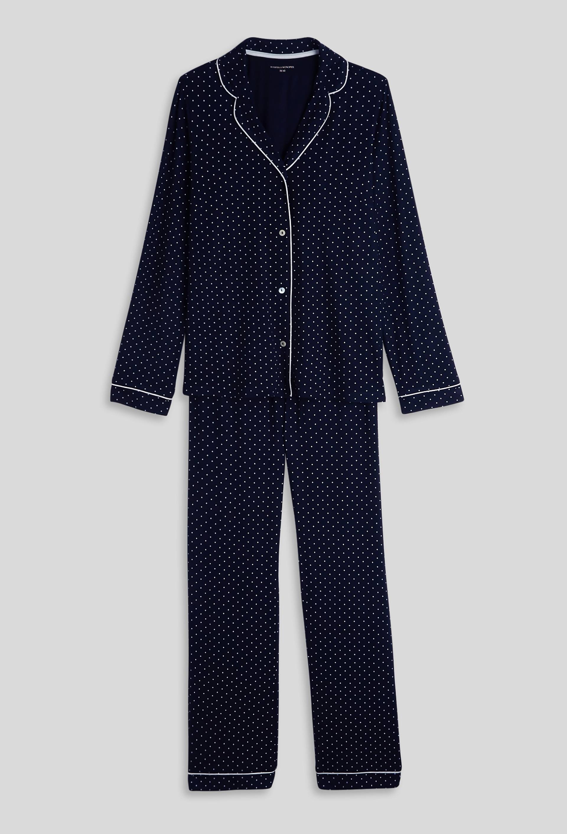Pyjama col tailleur à pois en viscose ECOVERO, Bleu foncé, large image number 2