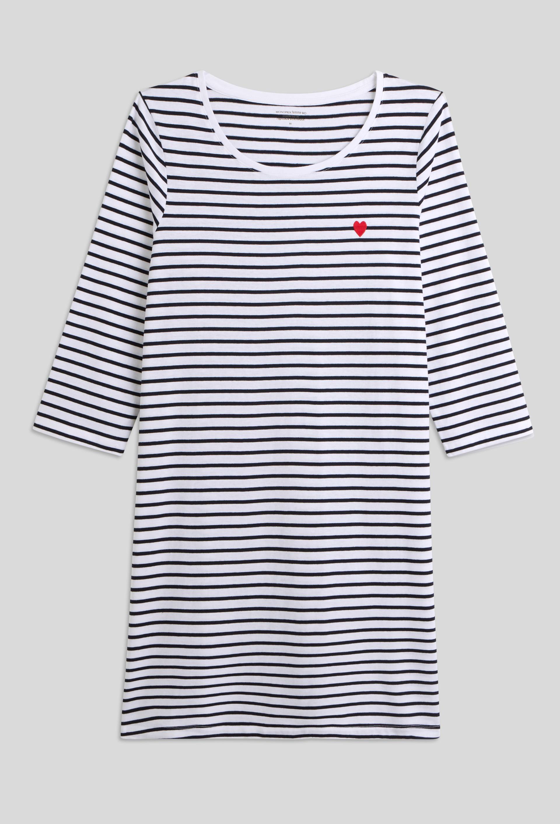 Chemise de nuit marini&egrave;re avec broderie coeur en coton, Bio, Blanc, large image number 2.0