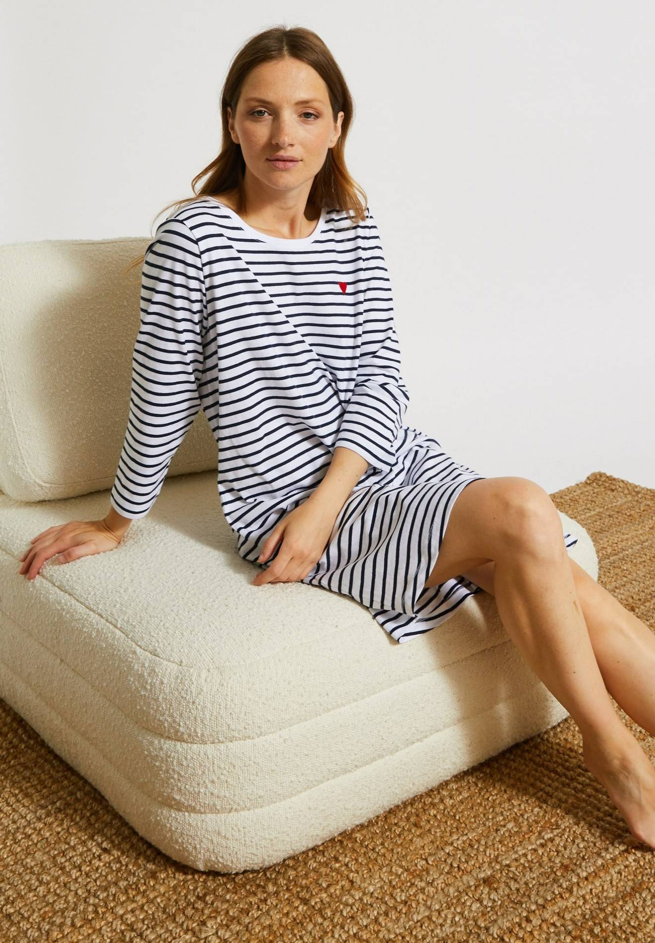 Chemise de nuit marini&egrave;re avec broderie coeur en coton, Bio, Blanc, large image number 3