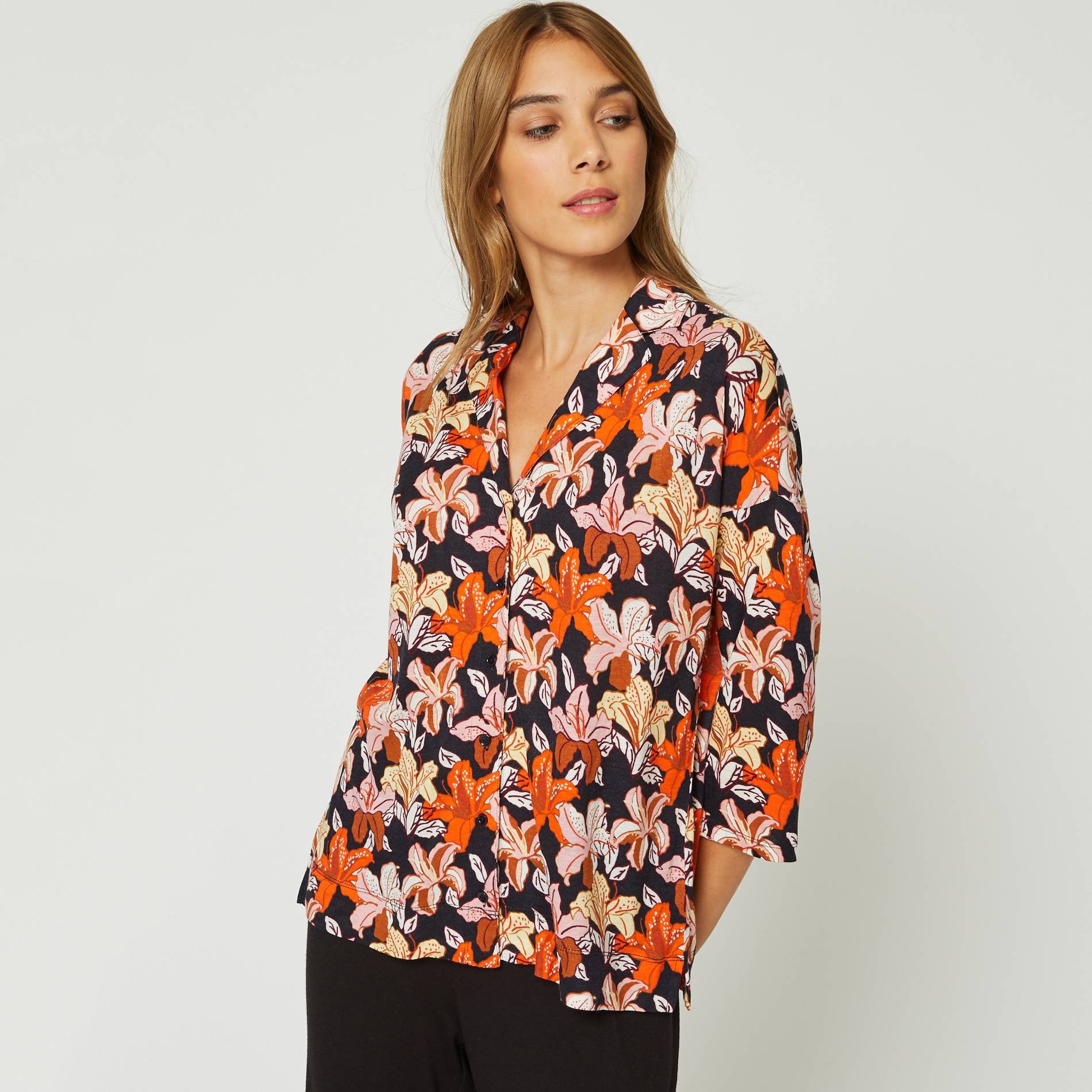 T-shirt chemise imprime en viscose et laine, Bleu marine, large image number 0