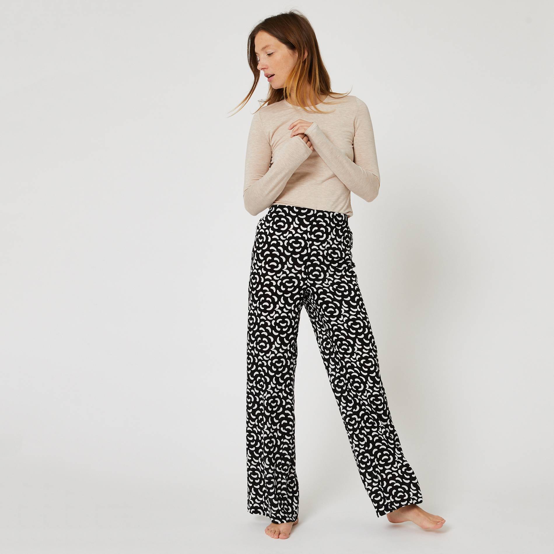Pantalon jambe large imprimé, Noir, large image number 0.0