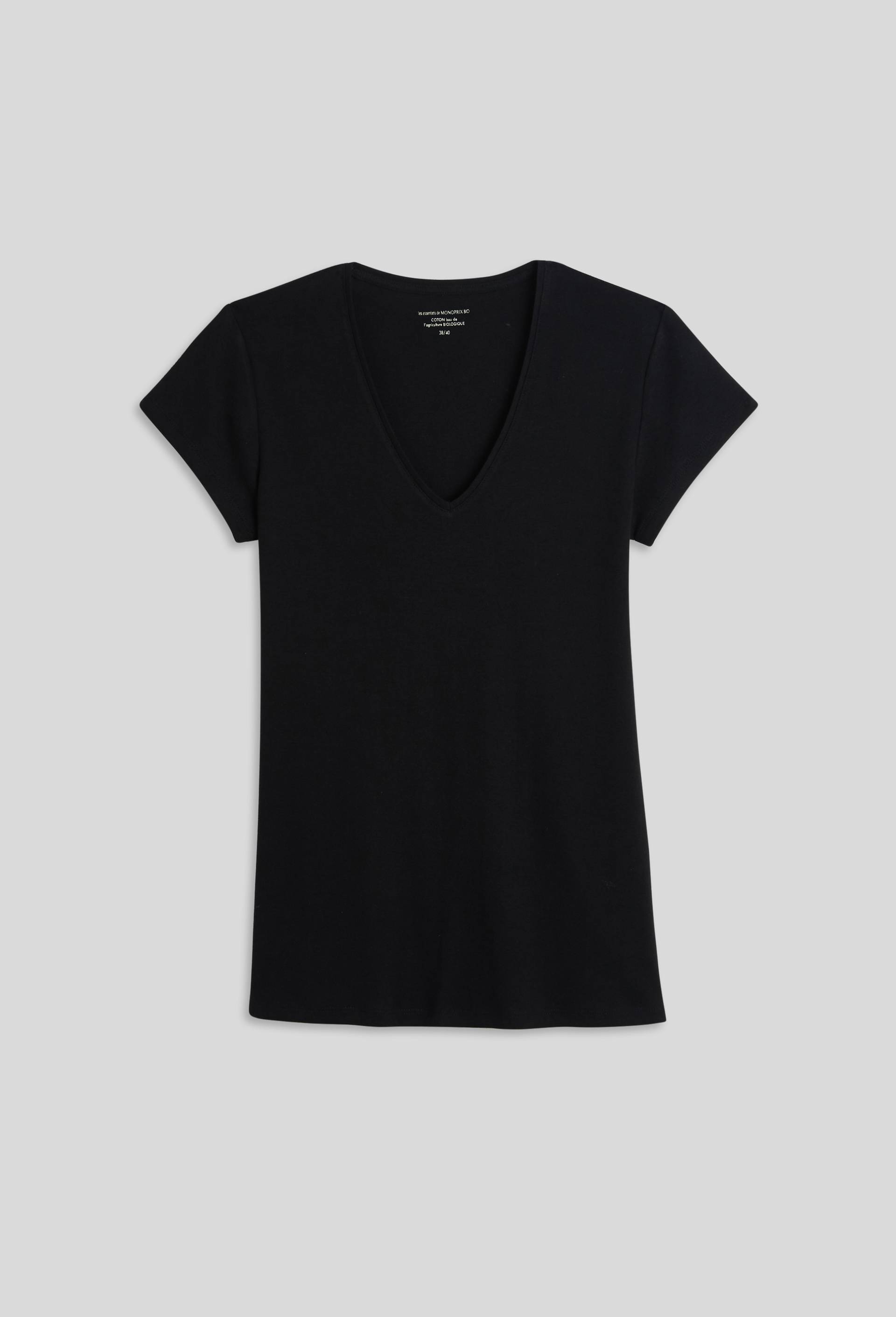T-shirt col V uni en coton, Bio, Noir, large image number 2