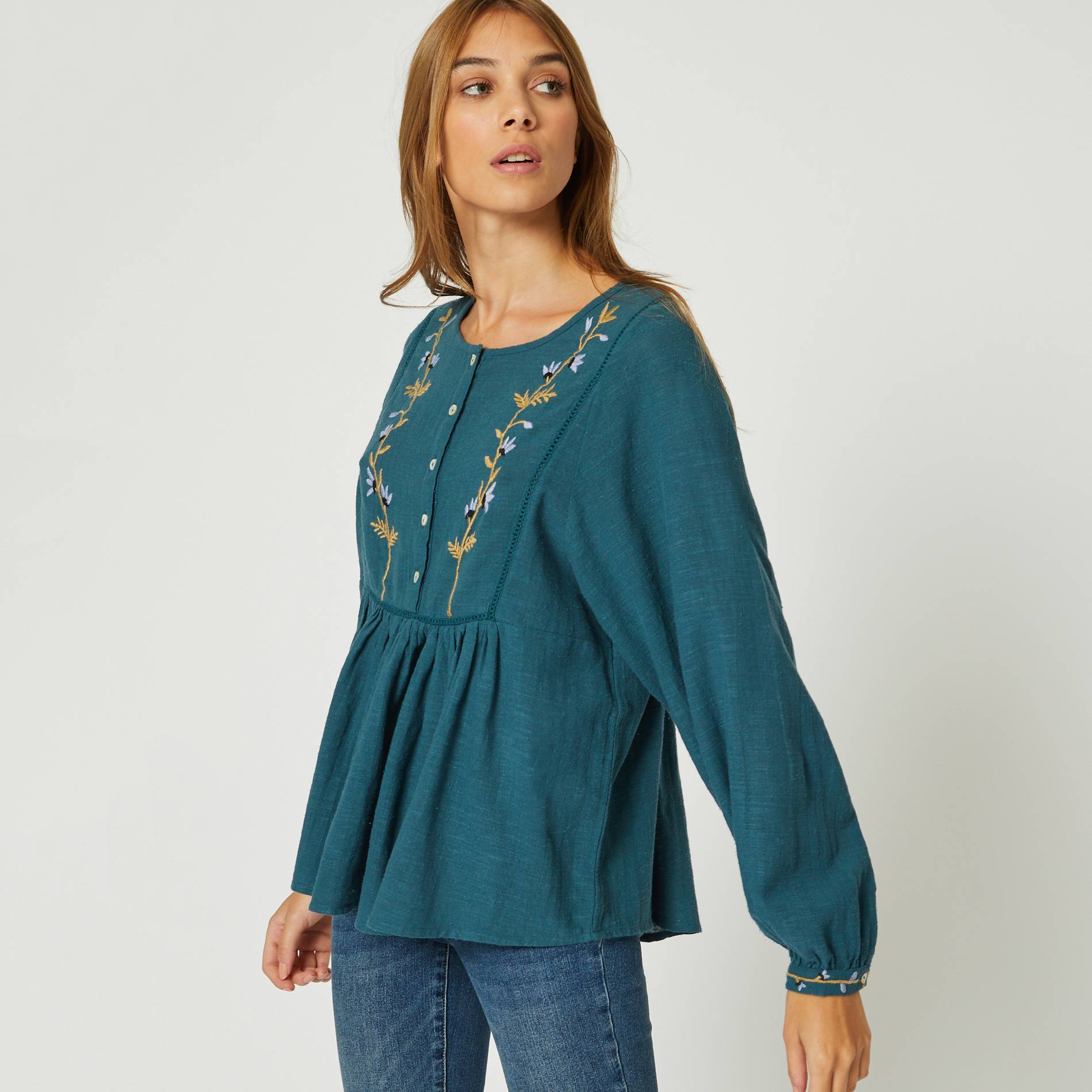 Blouse brodee en coton, Bleu marine, large image number 0.0