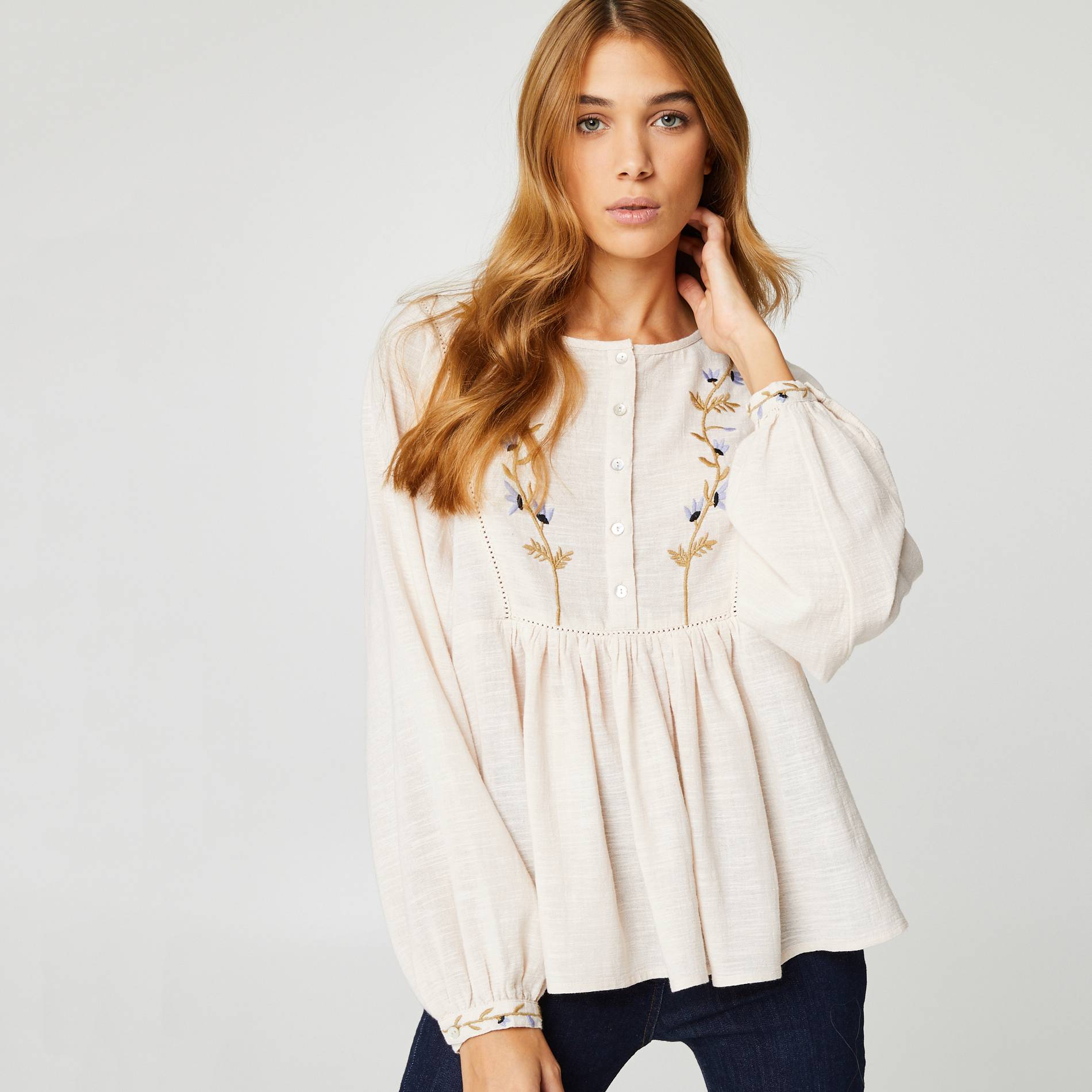 Blouse brodee en coton, Ecru, large image number 0