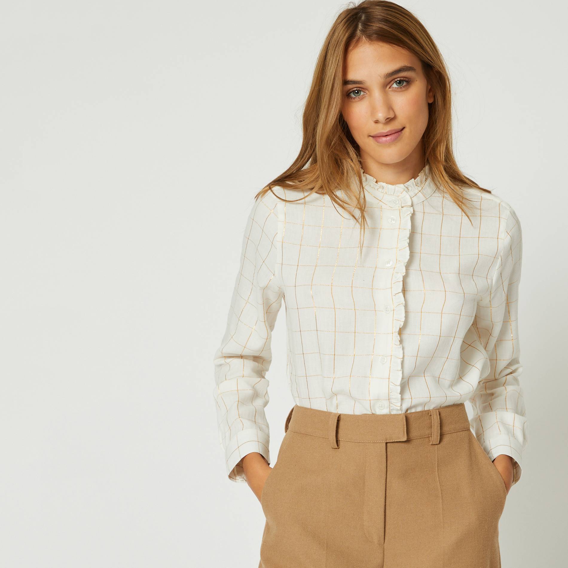 Chemise col mao a carreaux en coton effet brillant, Ecru, large image number 0.0