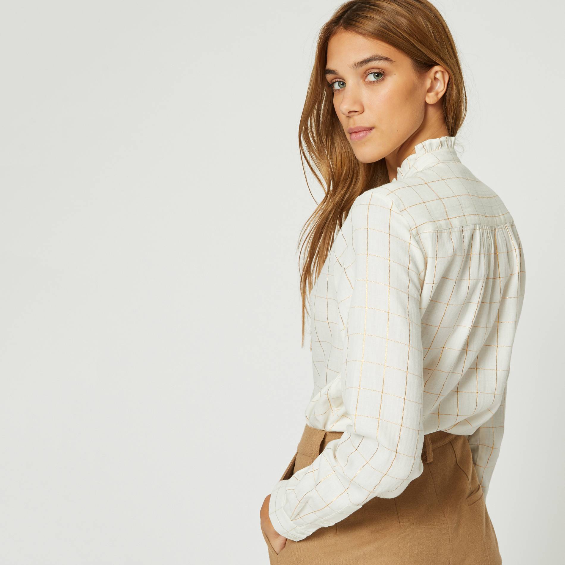 Chemise col mao a carreaux en coton effet brillant, Ecru, large image number 1.0