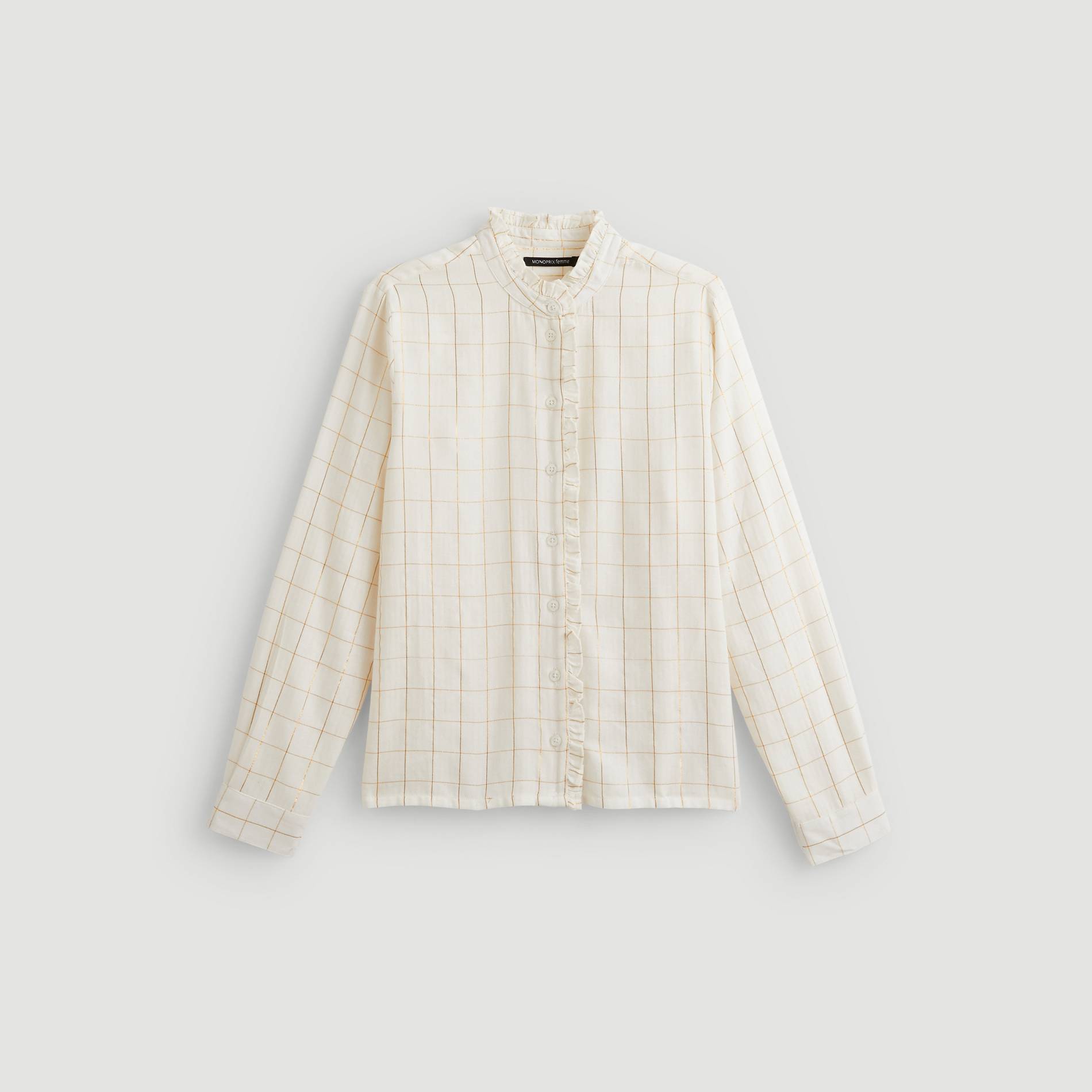Chemise col mao a carreaux en coton effet brillant, Ecru, large image number 2.0
