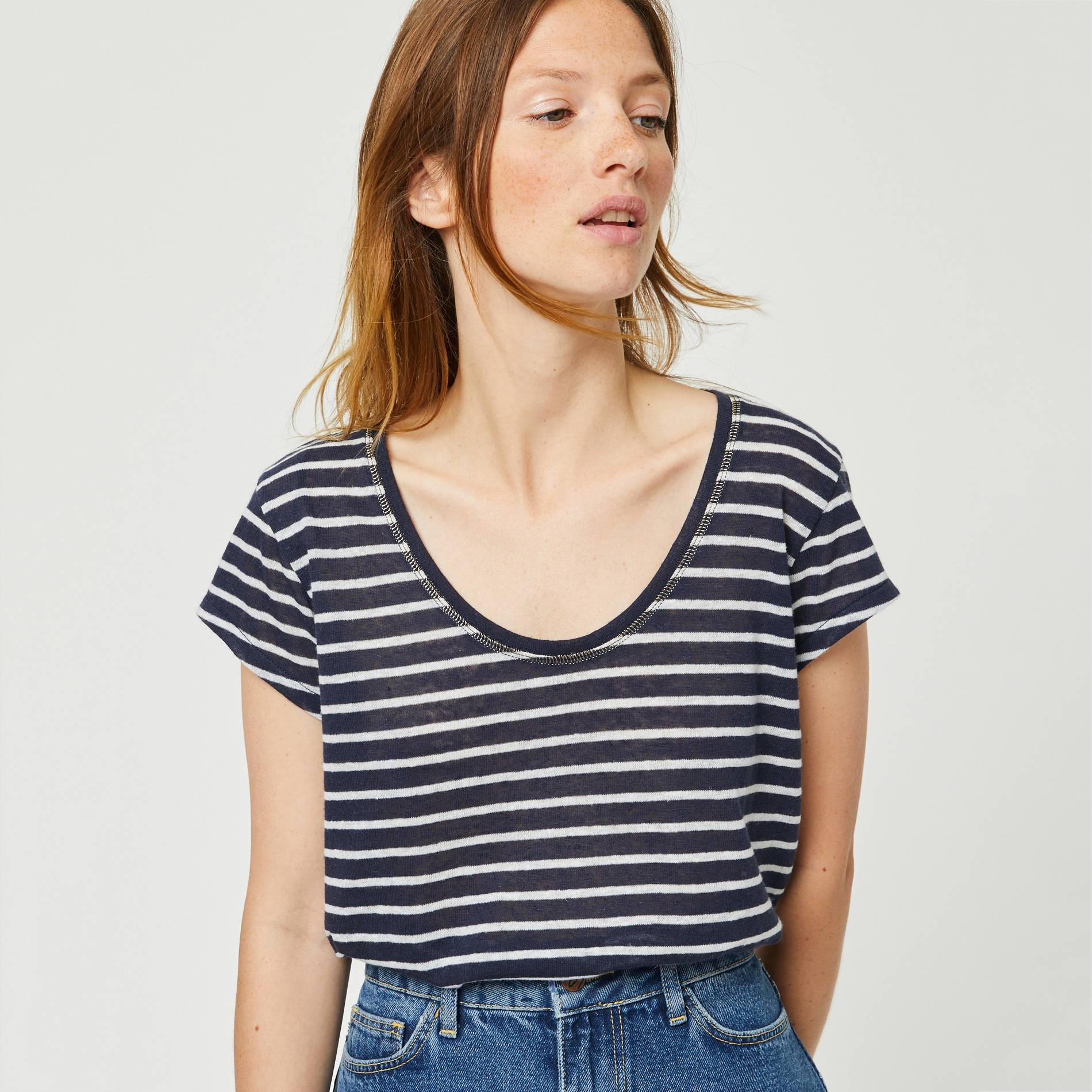 T-shirt raye contenant du lin, Bleu marine, large image number 0