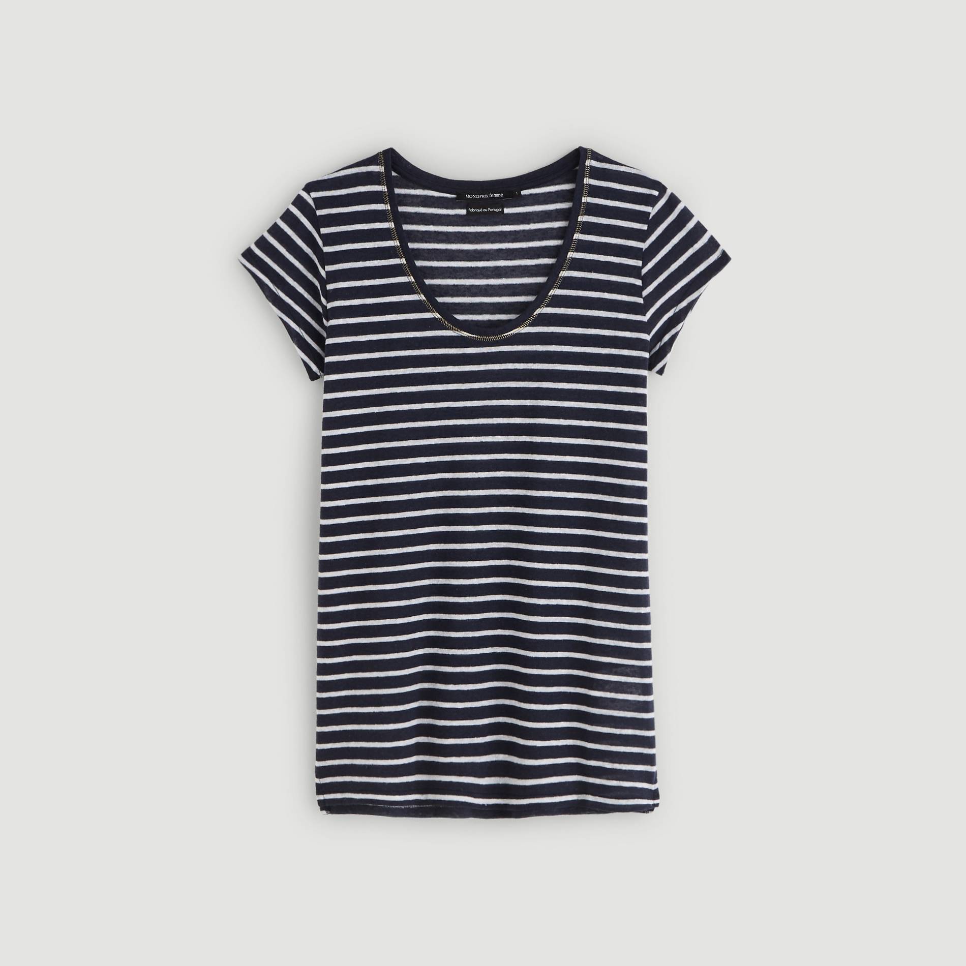 T-shirt raye contenant du lin, Bleu marine, large image number 2.0