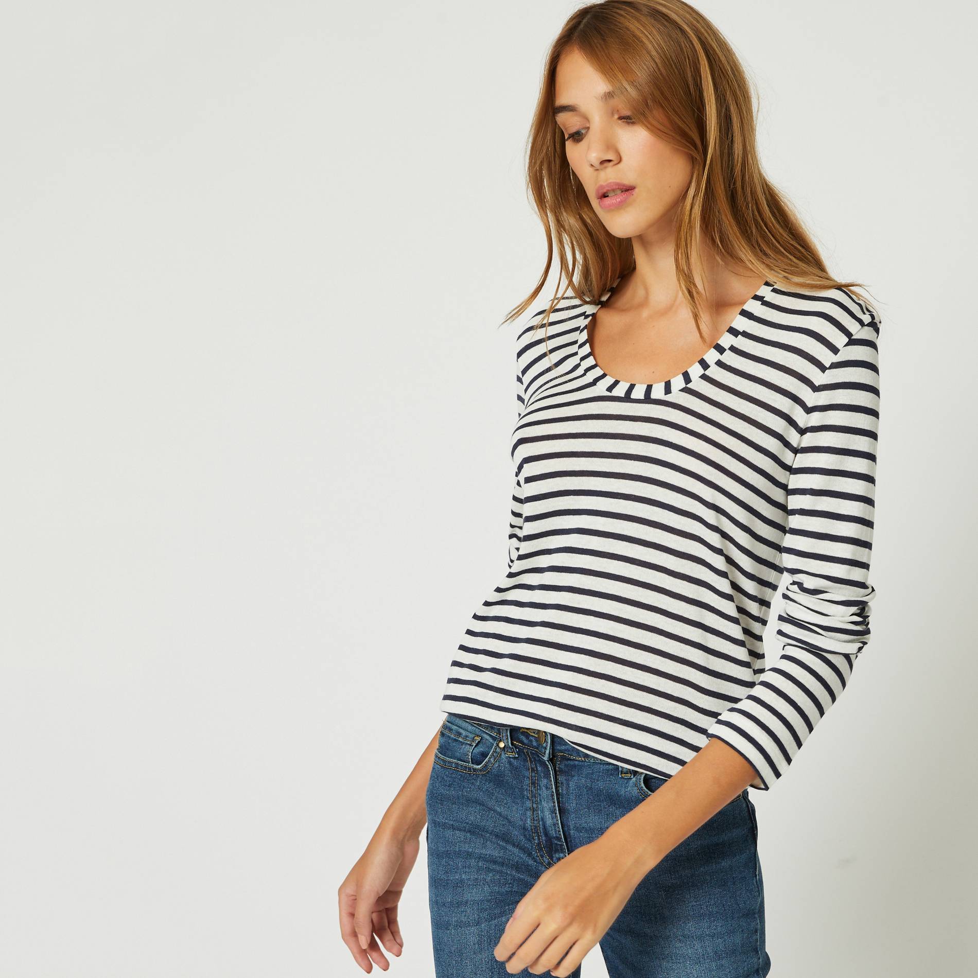 T-shirt manches longues raye en viscose et lin, Ecru, large image number 0.0