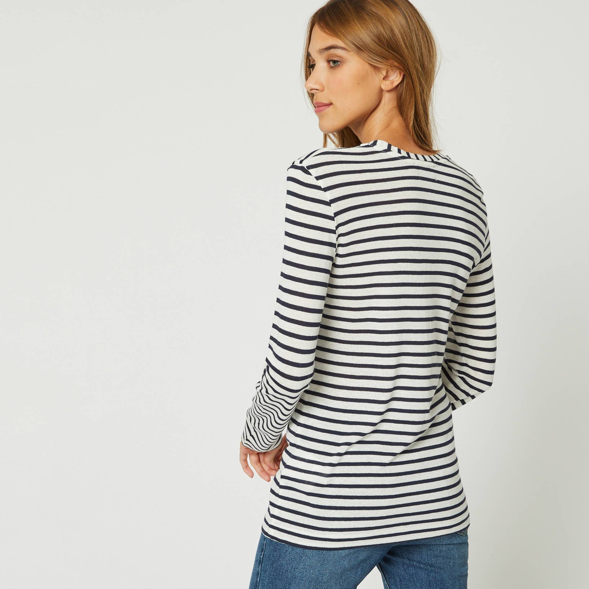 T-shirt manches longues raye en viscose et lin, Ecru, large image number 1.0