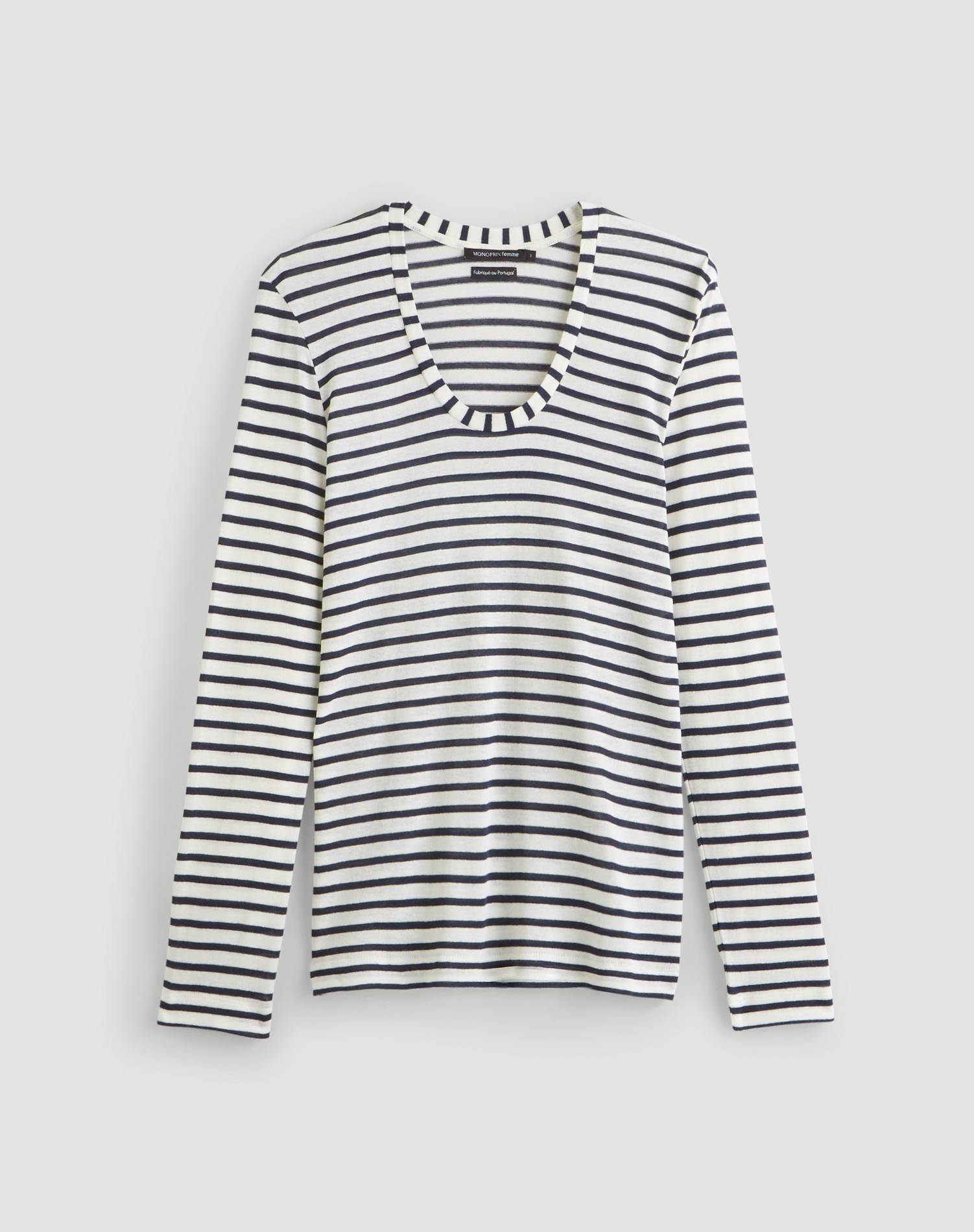 T-shirt manches longues raye en viscose et lin, Ecru, large image number 2