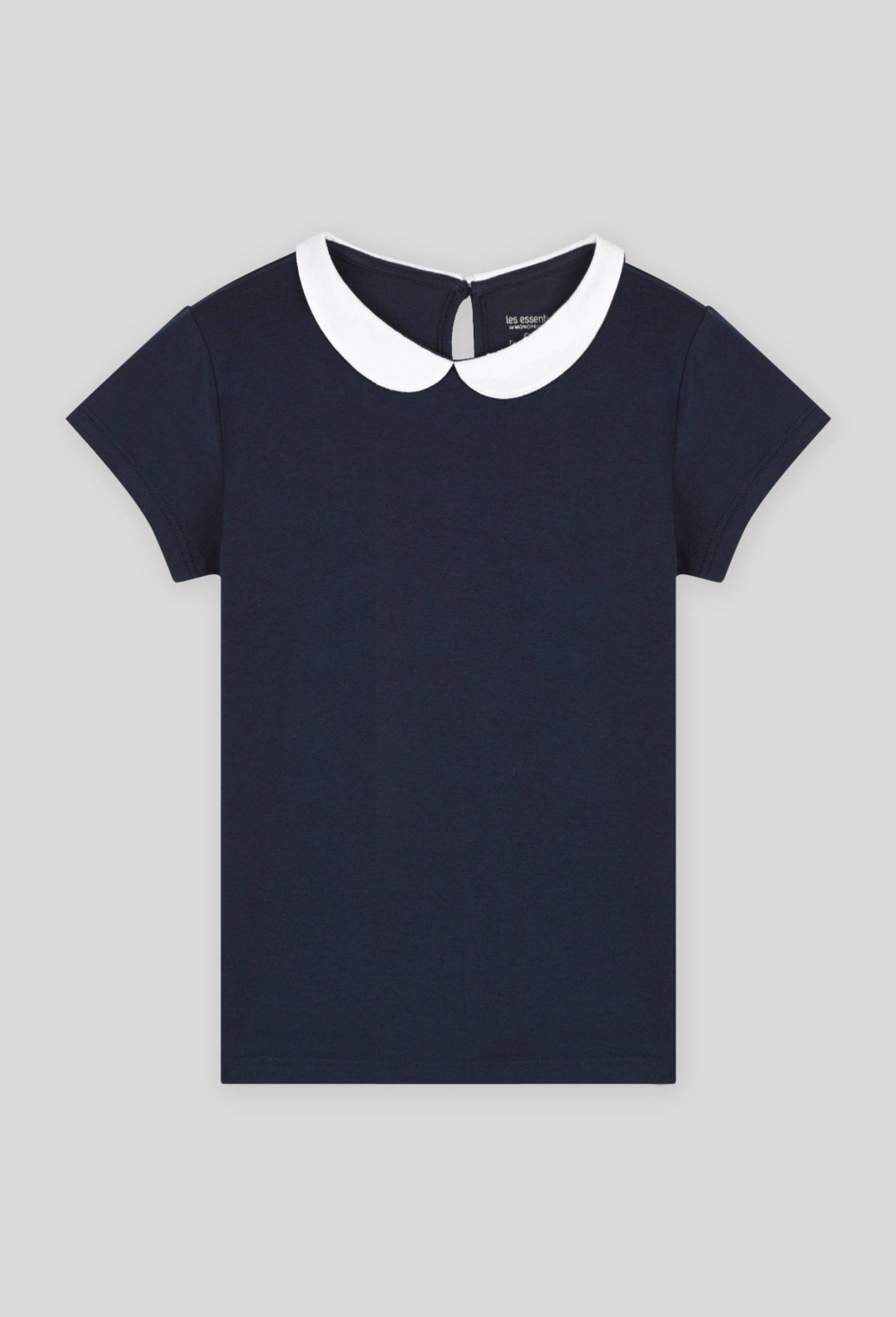 T-shirt manches courtes col claudine en coton BIO, Bleu foncé, large image number 0