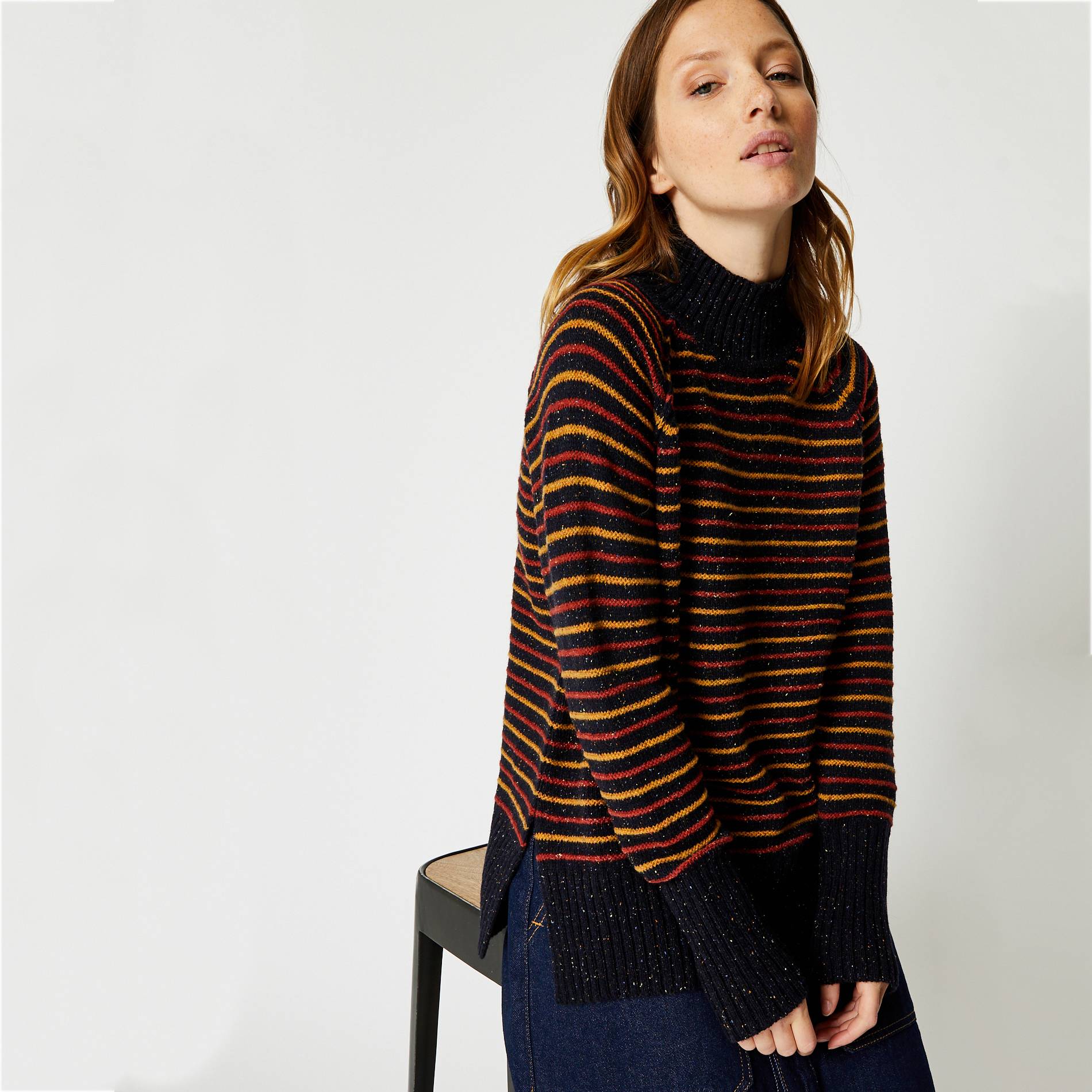 Pull col montant raye multicolore, Bleu marine, large image number 0