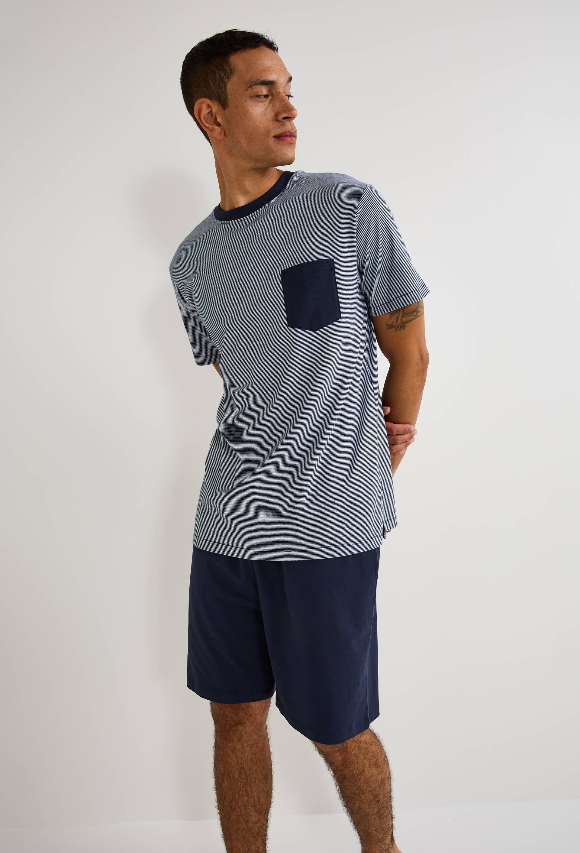 Pyjama T-shirt manches courtes ray&eacute; et Short en jersey de coton BIO GOTS, Bleu fonc&eacute;, large image number 0