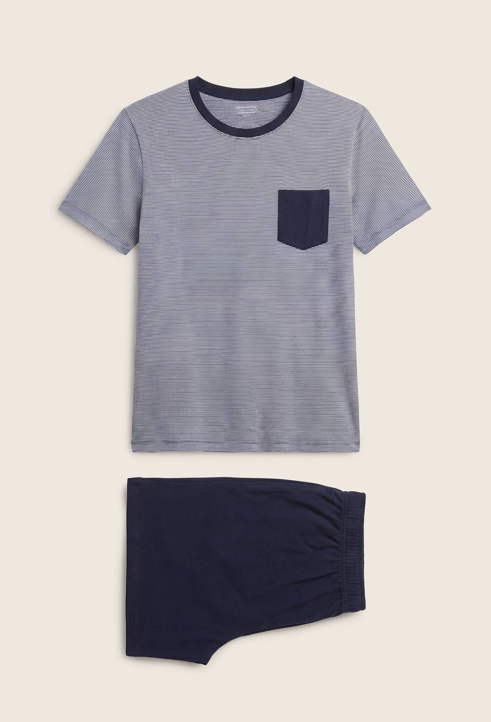 Pyjama T-shirt manches courtes ray&eacute; et Short en jersey de coton BIO GOTS, Bleu fonc&eacute;, large image number 0.0