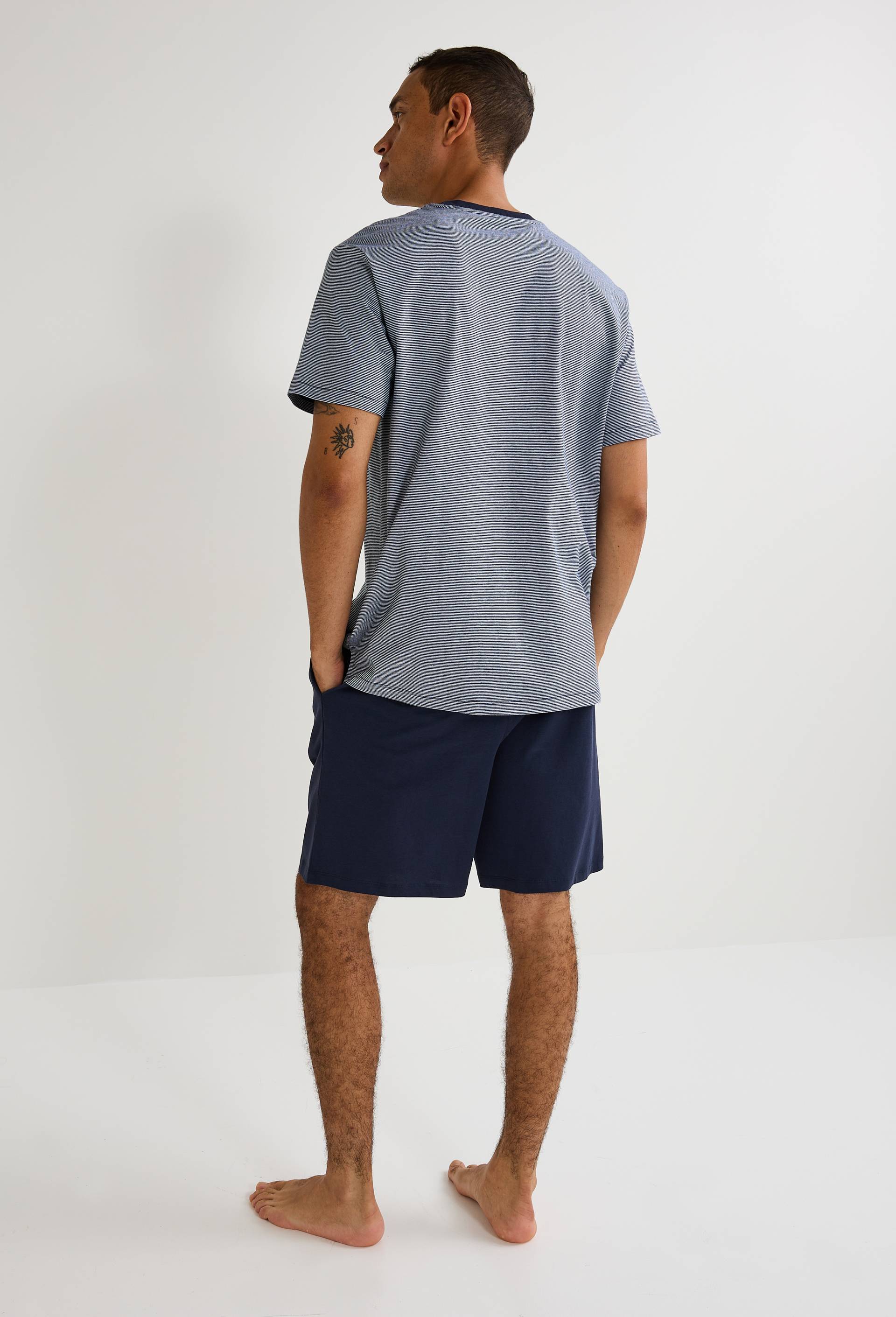 Pyjama T-shirt manches courtes ray&eacute; et Short en jersey de coton BIO GOTS, Bleu fonc&eacute;, large image number 1