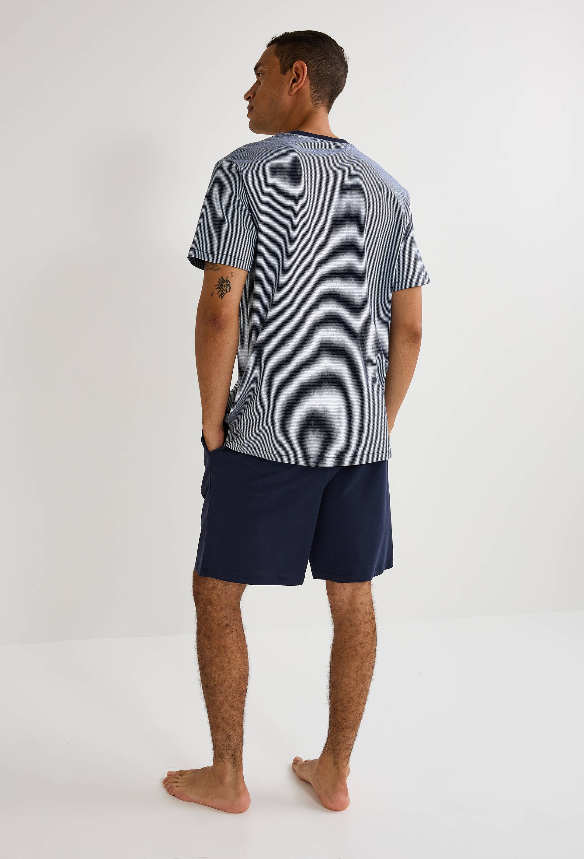 Pyjama T-shirt manches courtes ray&eacute; et Short en jersey de coton BIO GOTS, Bleu fonc&eacute;, large image number 2.0