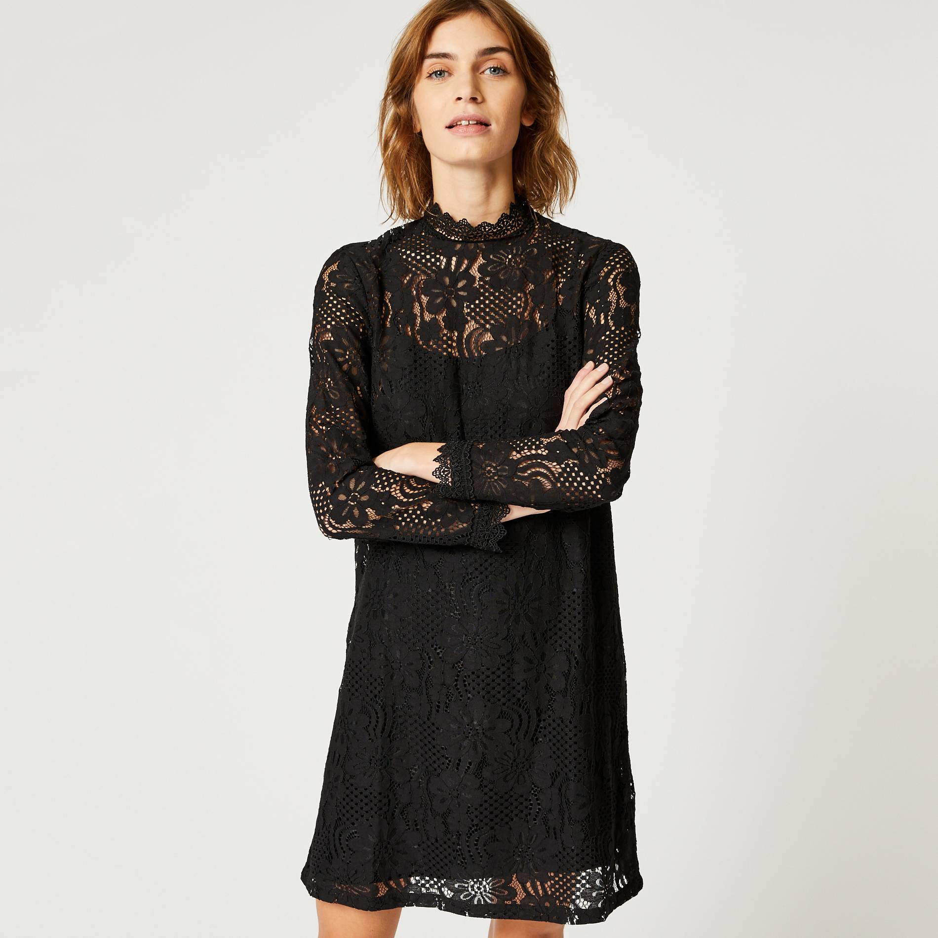 Robe courte en dentelle, Noir, large image number 0