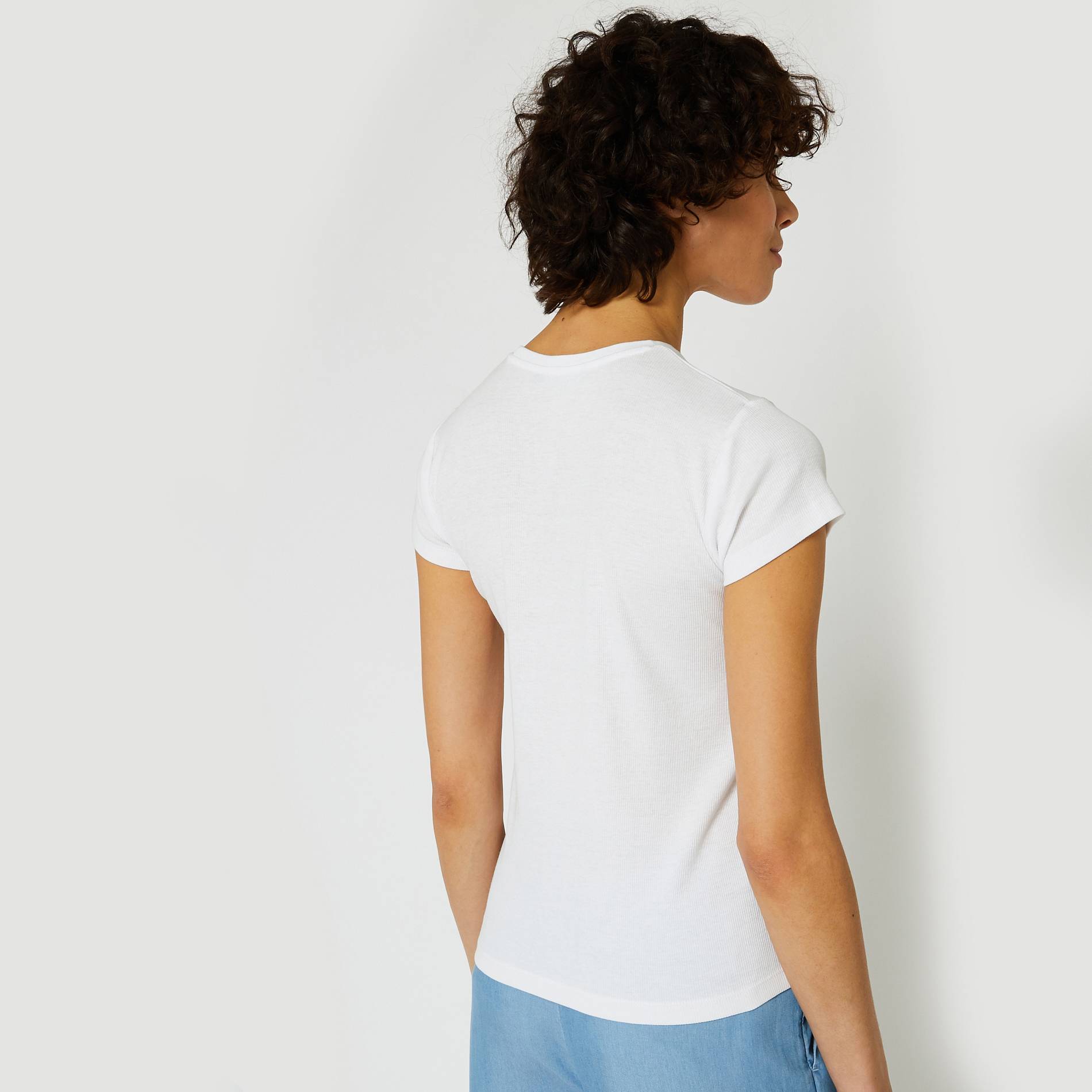 T-shirt côtellé coton BIO à message brodé, Blanc, large image number 1