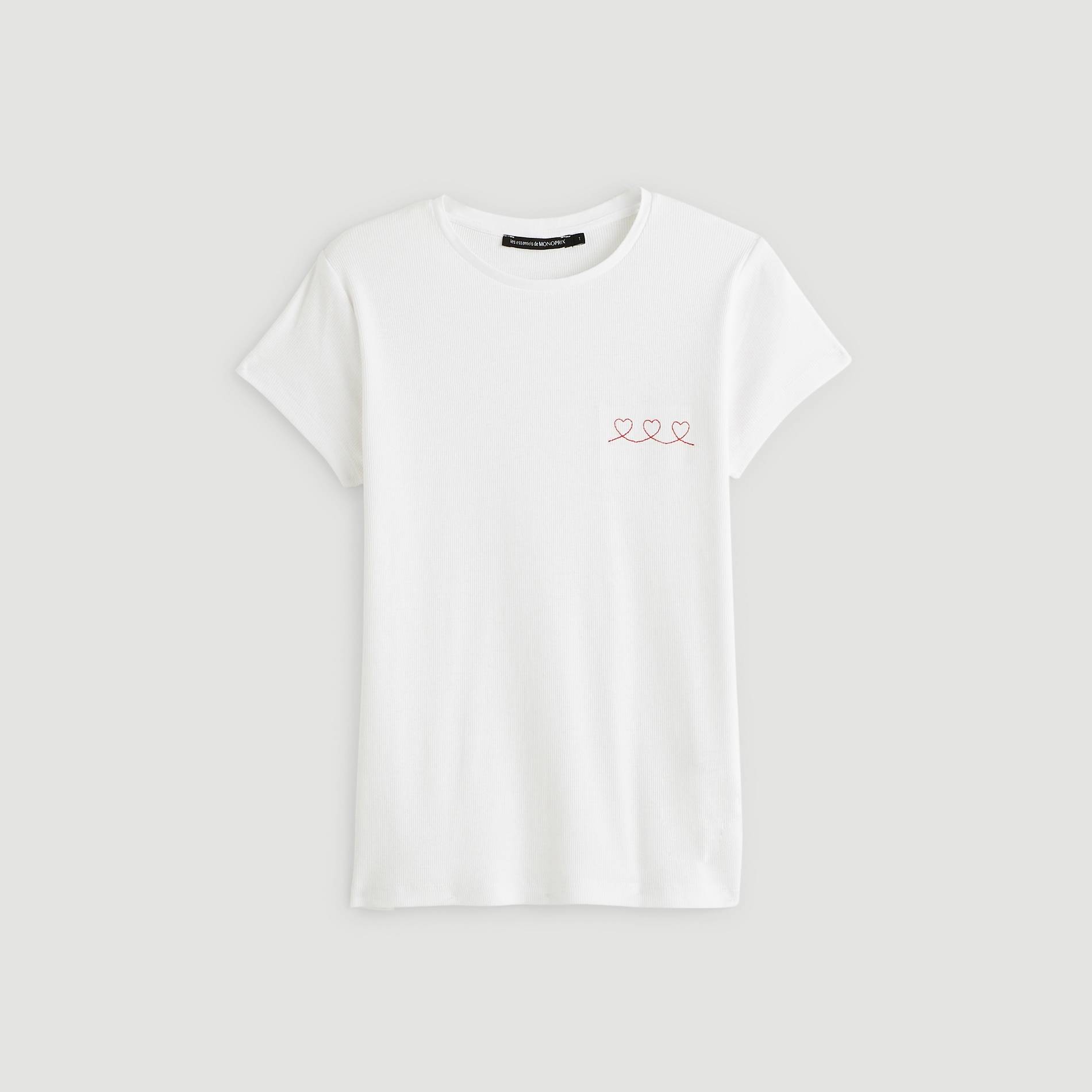 T-shirt côtellé coton BIO à message brodé, Blanc, large image number 2