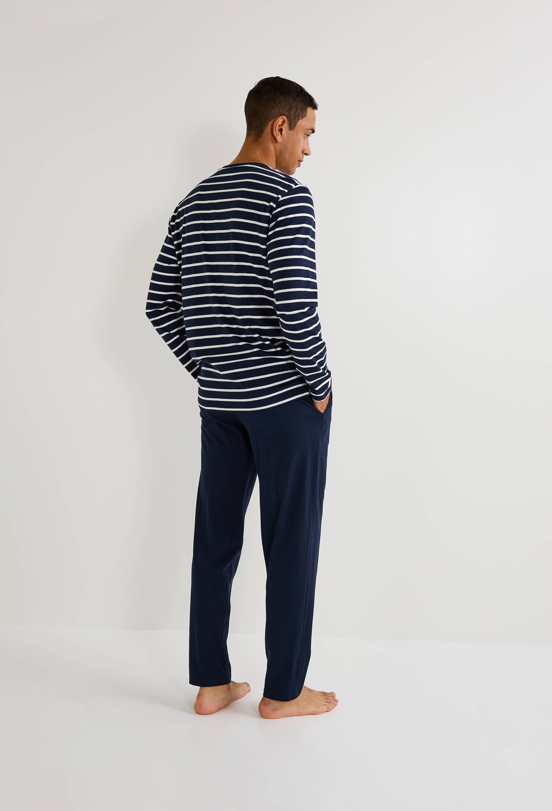 Pyjama T-shirt manches longues ray&eacute; et pantalon en jersey de coton BIO GOTS, Bleu fonc&eacute;, large image number 1