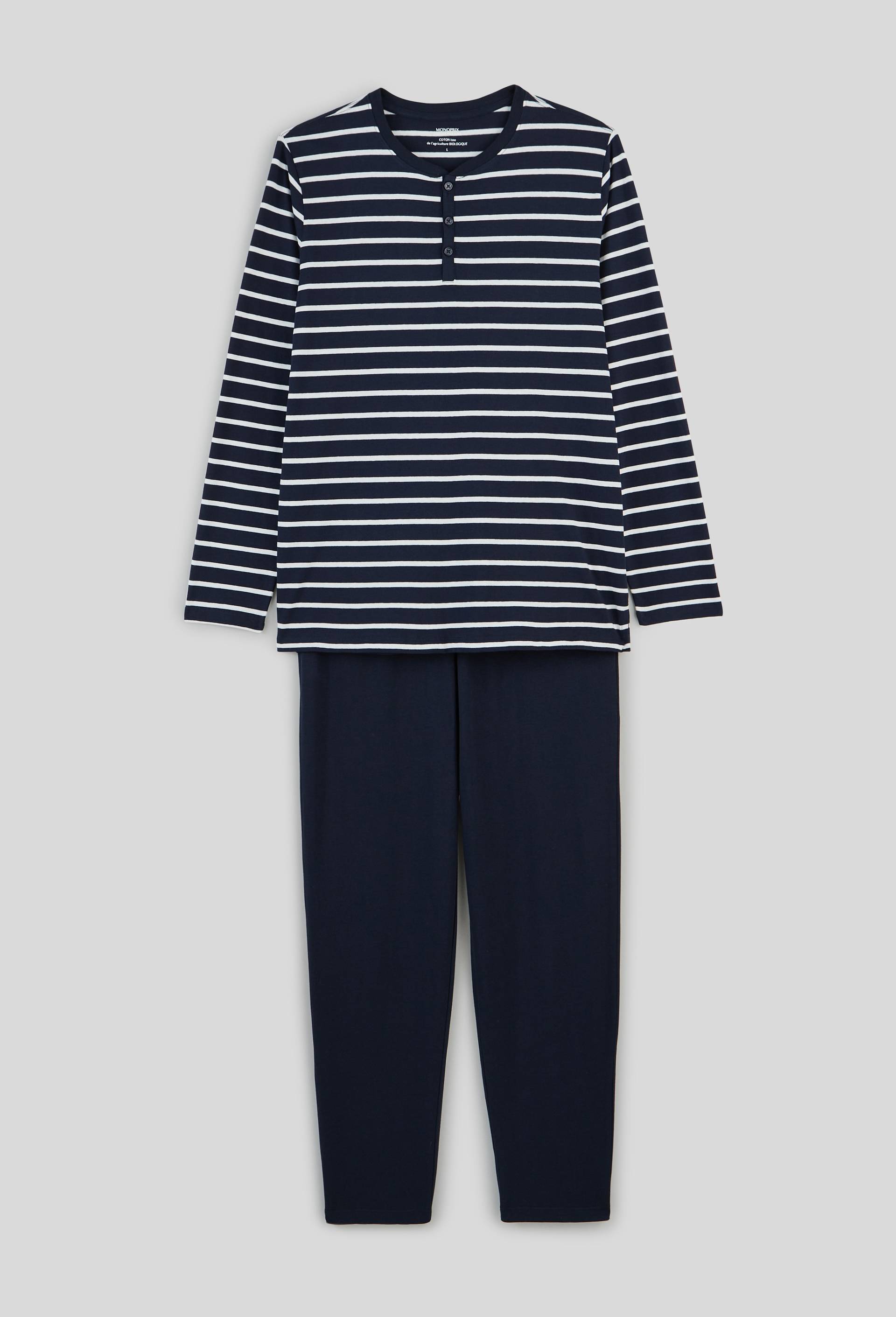 Pyjama T-shirt manches longues ray&eacute; et pantalon en jersey de coton BIO GOTS, Bleu fonc&eacute;, large image number 2