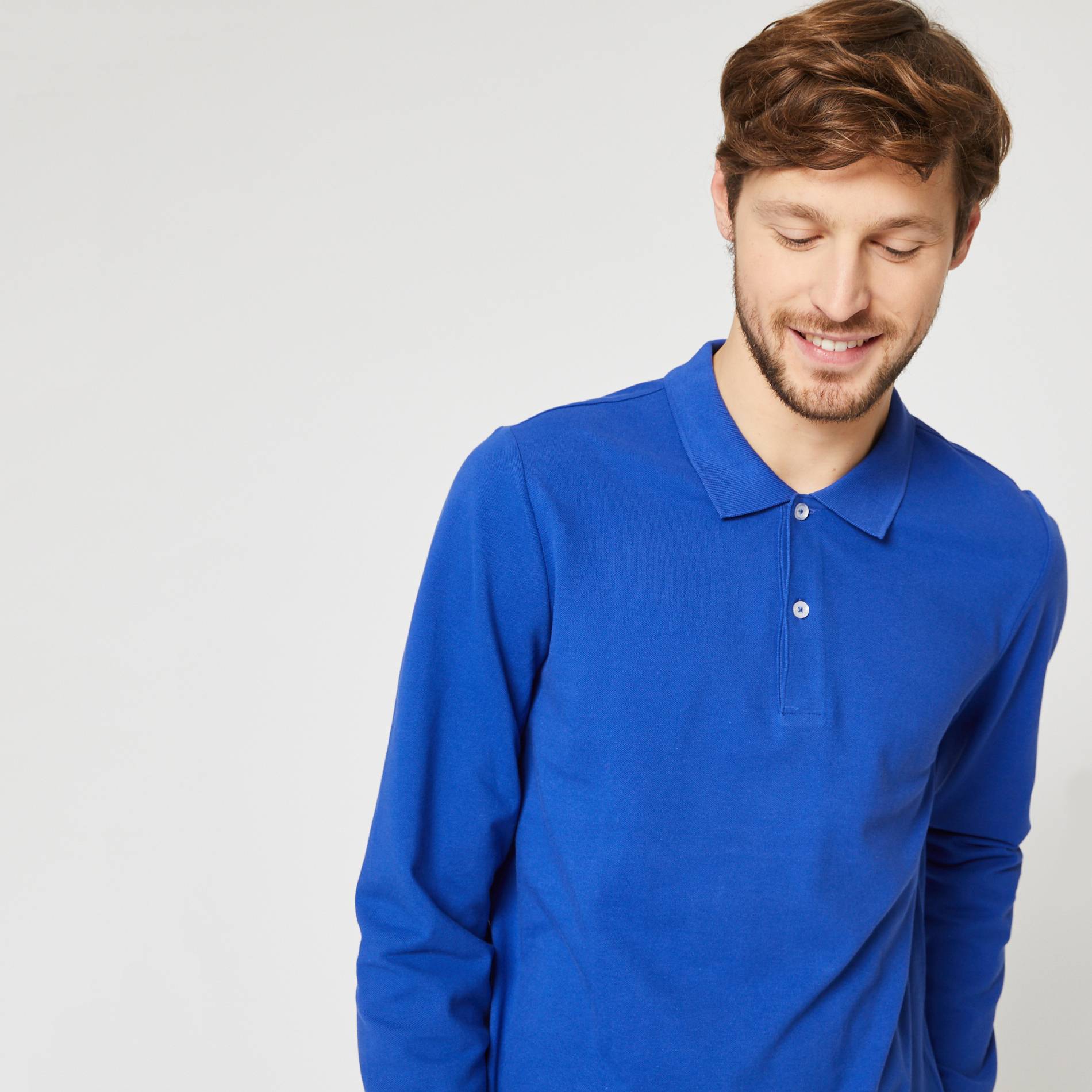 Polo manches longues en coton BIO, Cobalt, large image number 0