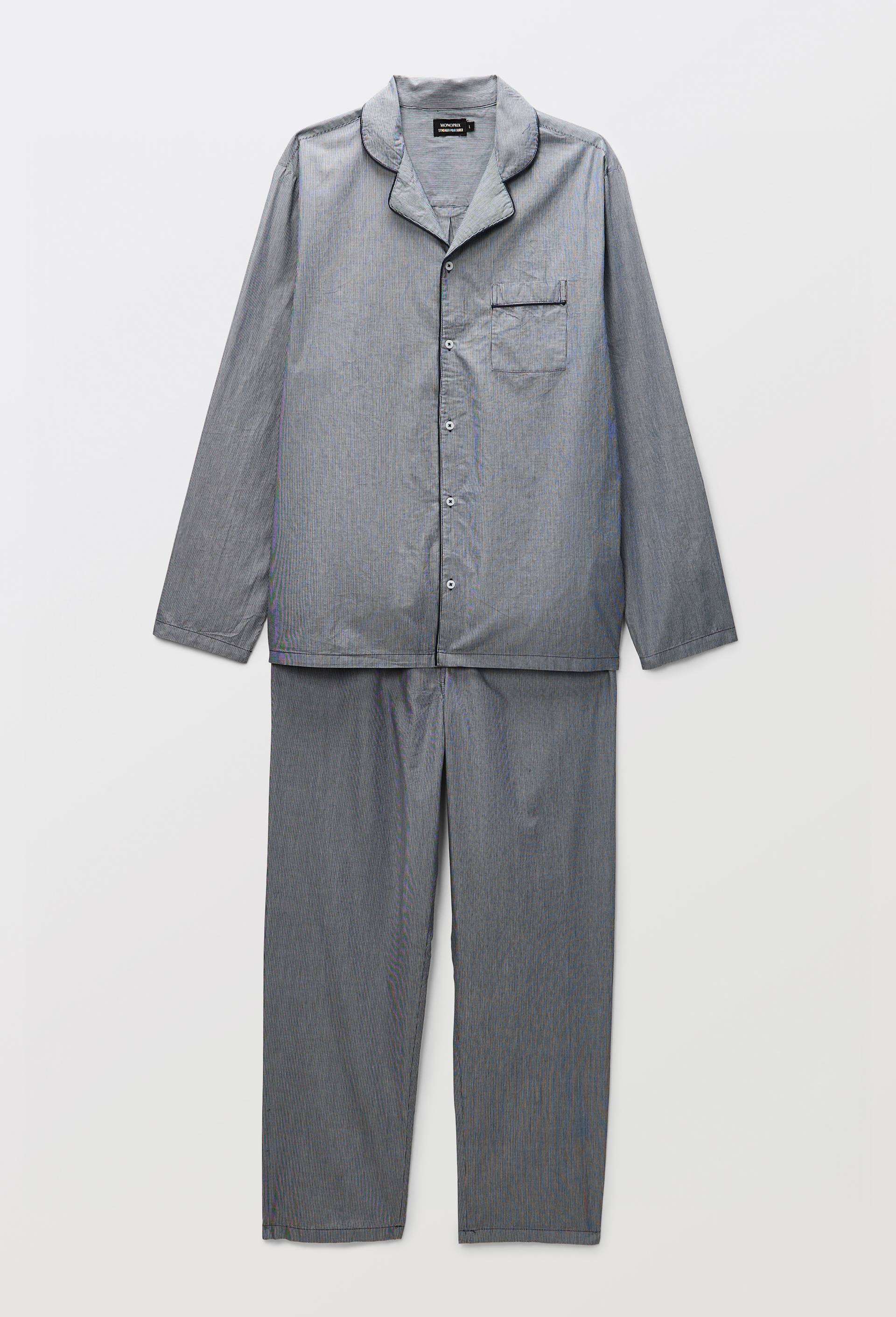 Pyjama Chemise manches longues et pantalon ray&eacute; en coton BIO GOTS, Bleu fonc&eacute;, swatch image