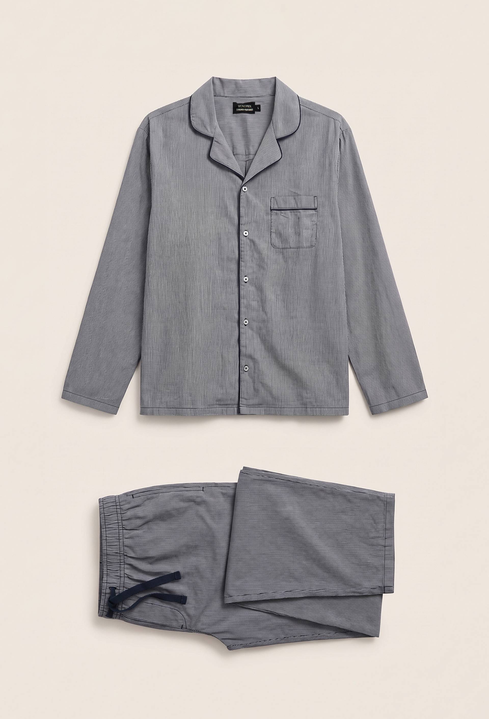 Pyjama Chemise manches longues et pantalon ray&eacute; en coton BIO GOTS, Bleu fonc&eacute;, swatch image