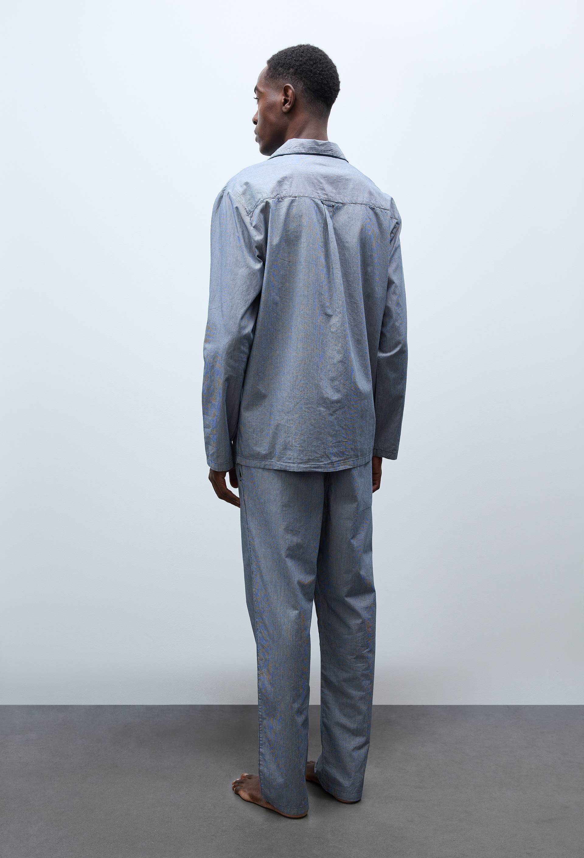 Pyjama Chemise manches longues et pantalon ray&eacute; en coton BIO GOTS, Bleu fonc&eacute;, large image number 2