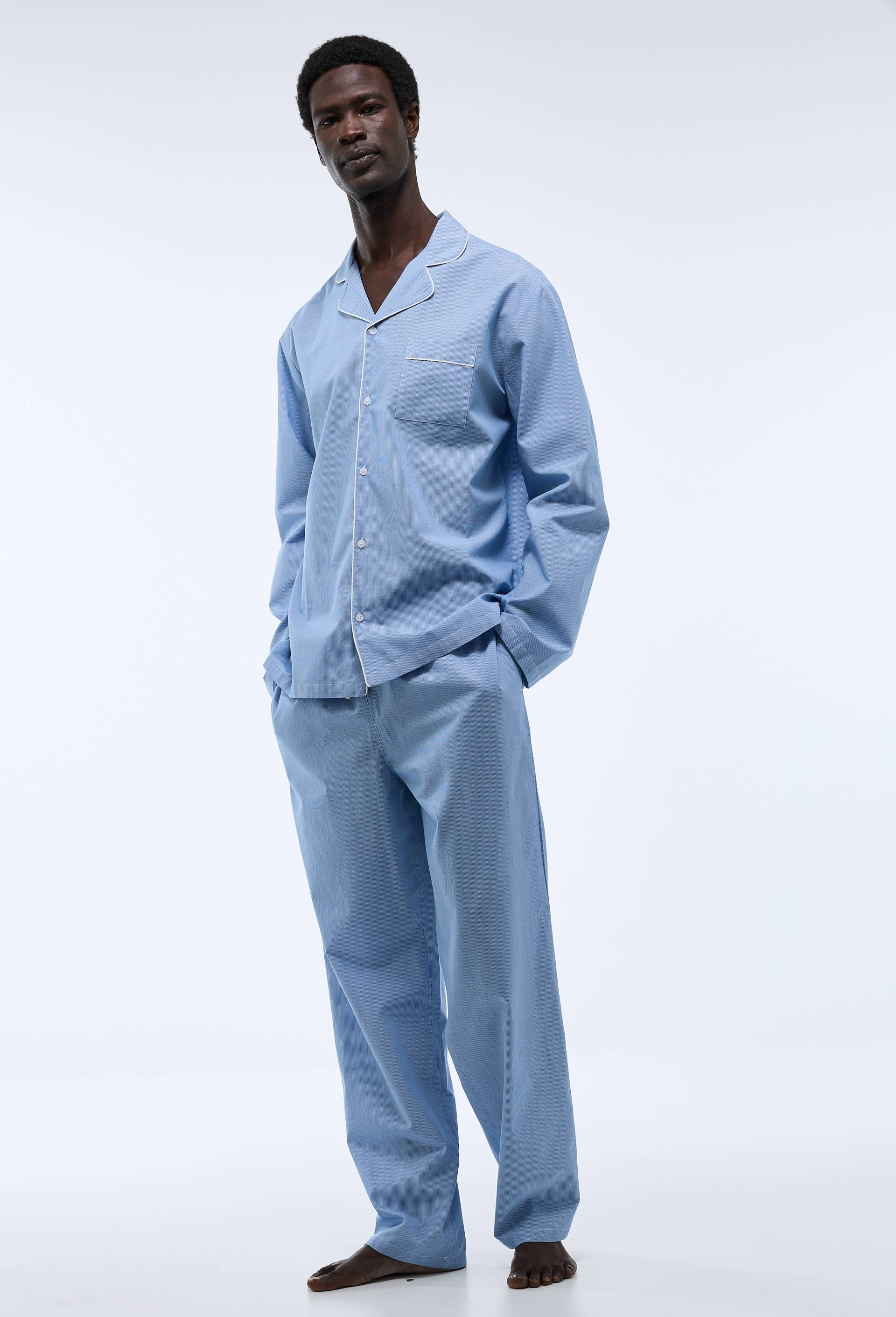 Pyjama Chemise manches longues et pantalon ray&eacute; en coton BIO GOTS, Bleu clair, large image number 0