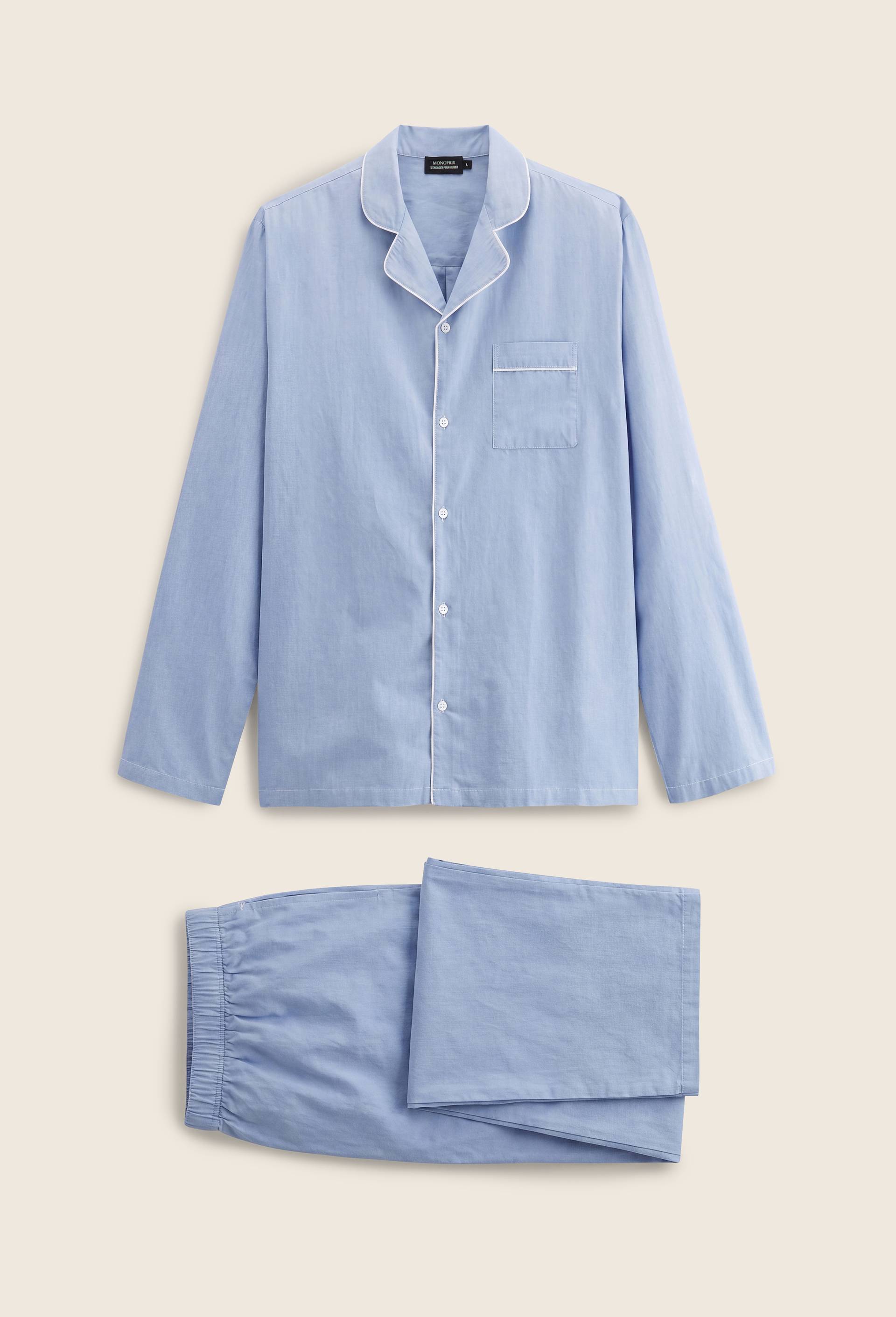 Pyjama Chemise manches longues et pantalon ray&eacute; en coton BIO GOTS, Bleu clair, large image number 0.0