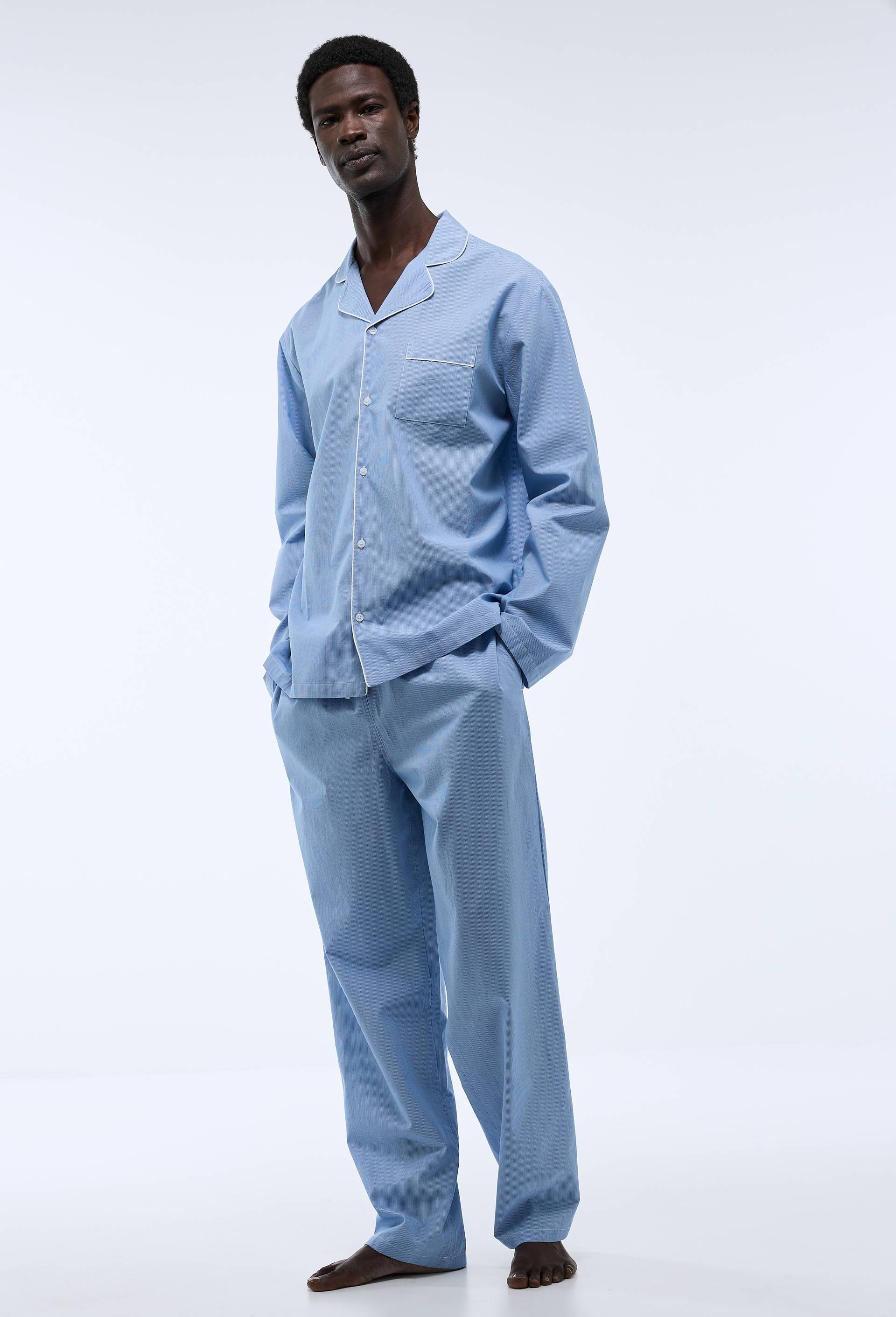 Pyjama Chemise manches longues et pantalon ray&eacute; en coton BIO GOTS, Bleu clair, large image number 1.0