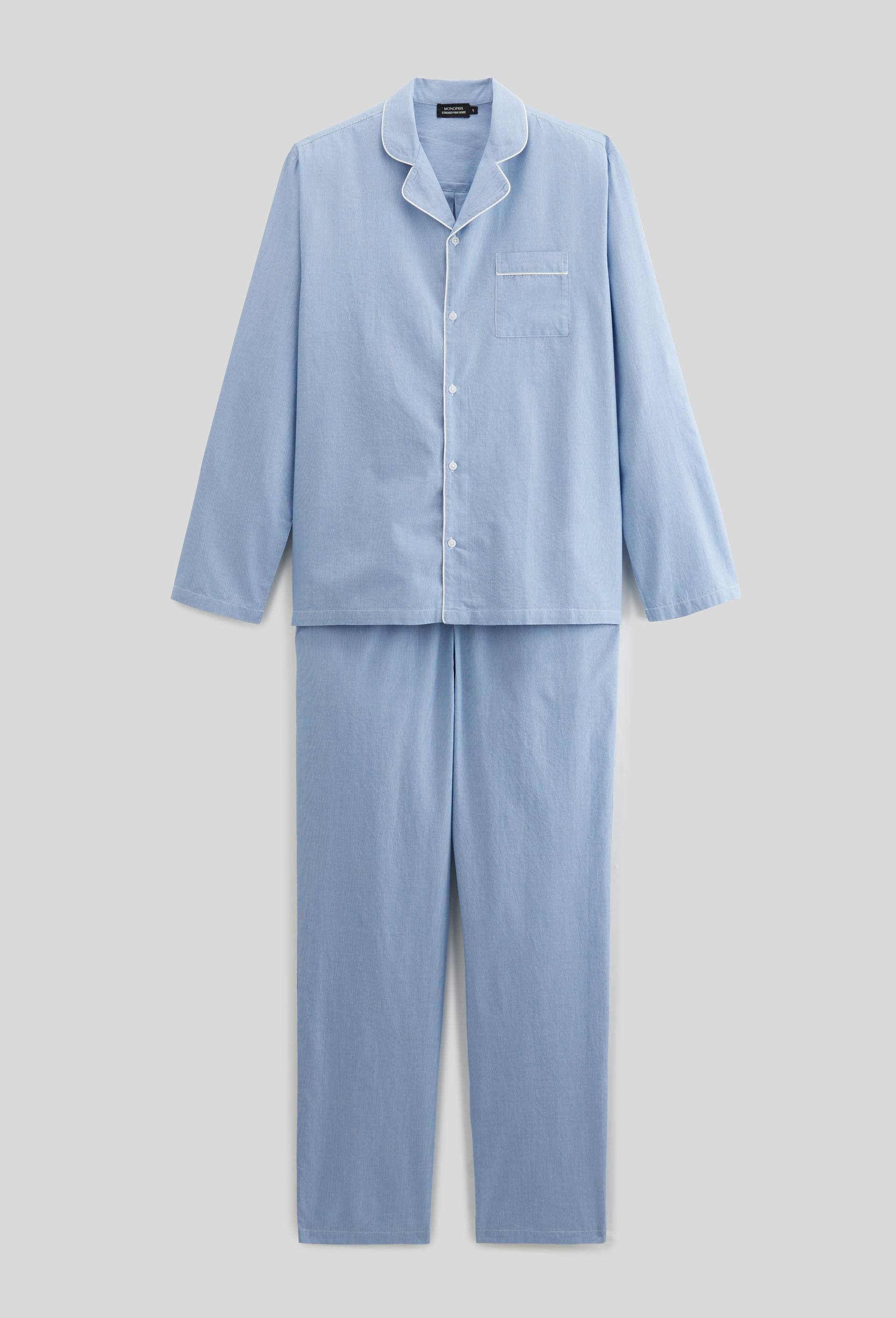 Pyjama Chemise manches longues et pantalon ray&eacute; en coton BIO GOTS, Bleu clair, large image number 3.0